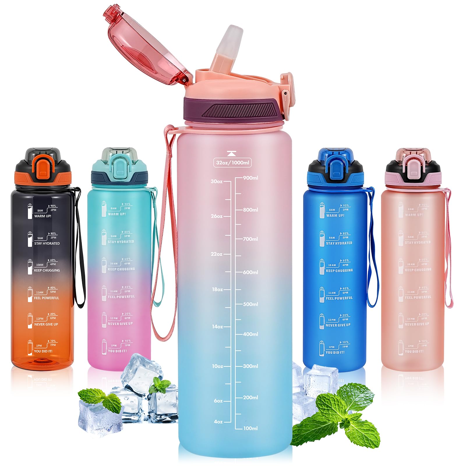 SEASEVEN 1L Water Bottle with Straw,Plastic Drinks Bottle,1 Litre Sports Water Bottles with Time Markings,Girls Boys Waterbottle Leak-Proof & Bpa-Free for Gym,Cycling, Office (Pink-Blue) — image 1