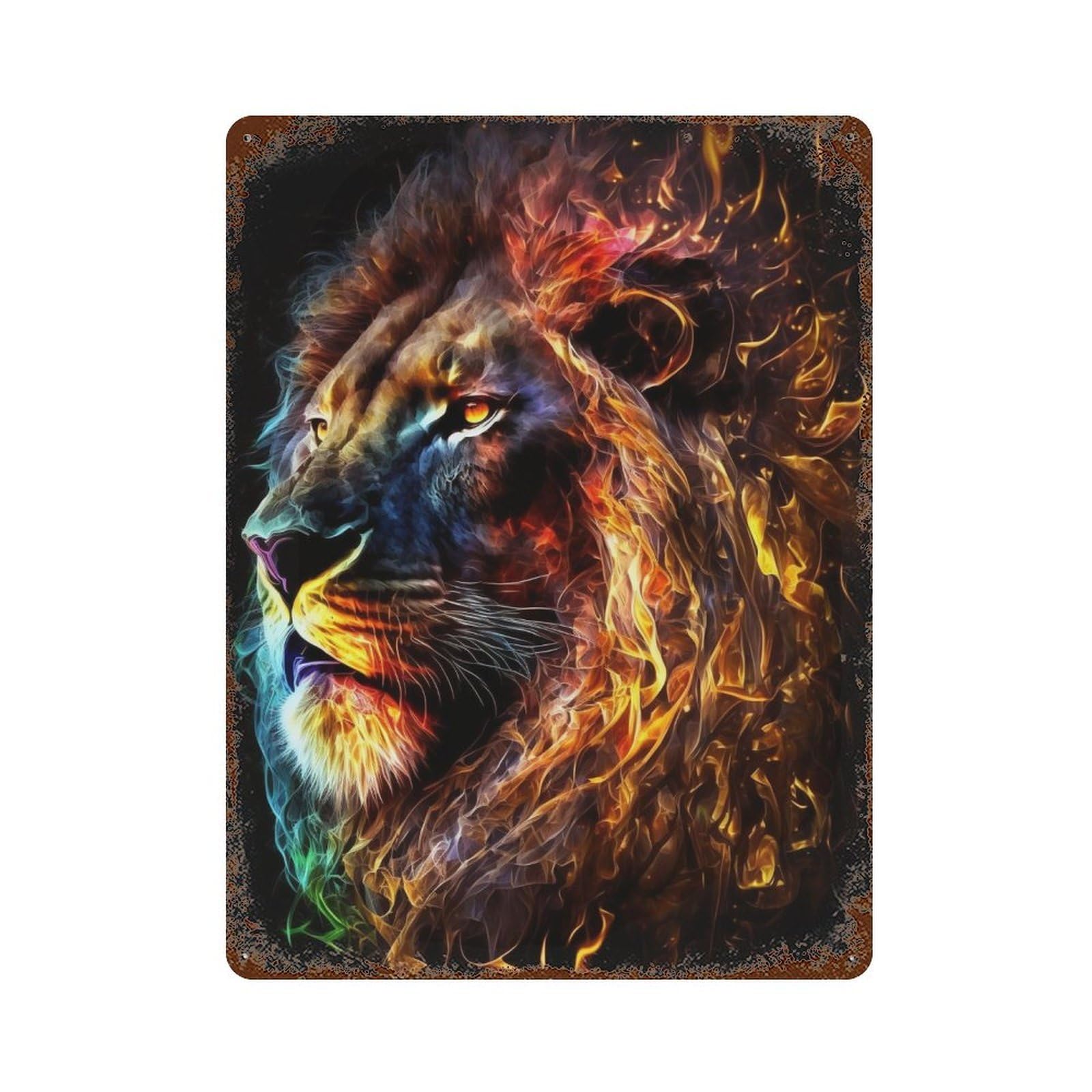 Garage Style Flaming Lion Art Print -2 Rusty Metal Tin Sign 15.7"x11.8", Classic Wall Plaque for Bar And Workshop