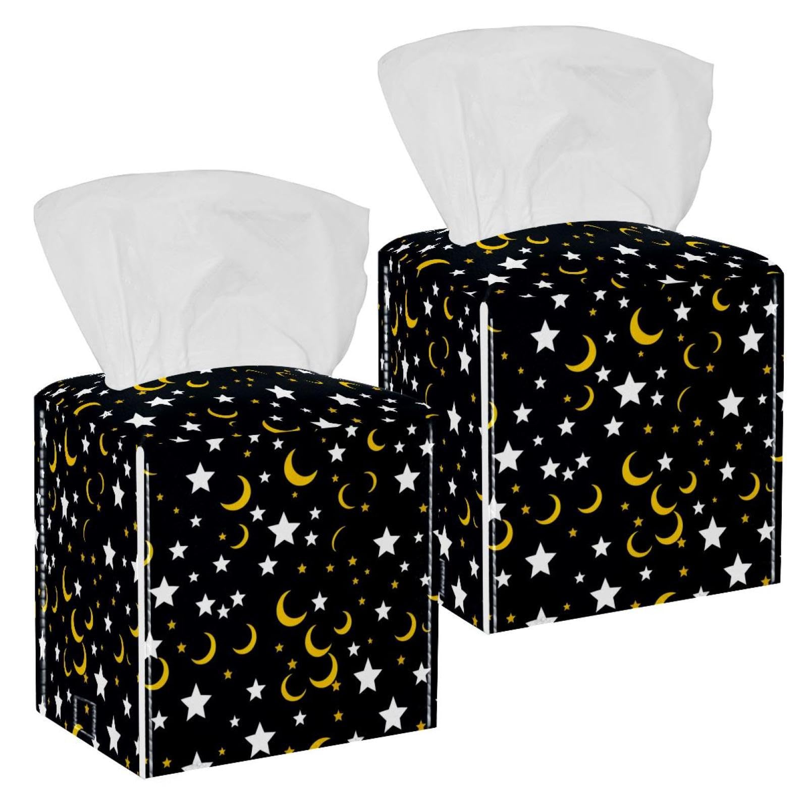 Stars and Moon Tissue Box Cover, 2 Pack PU Leather Square Facial Tissue Dispenser Box holder for Home Office Car