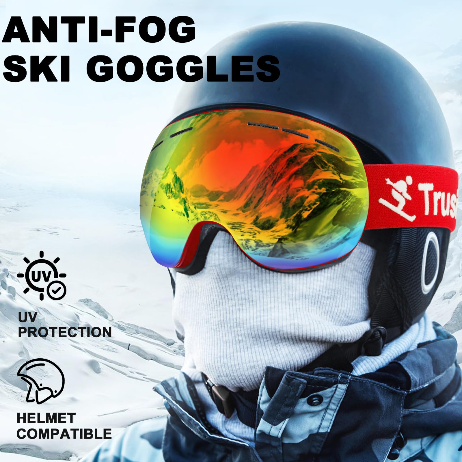Trusiel Maschera Sci, Occhiali da Sci OTG, Anti Nebbia Anti-UV Maschera da Sci Donna Uomo, Occhiali da Sci Casco Compatibile per Sci Snowboard Sport Invernali