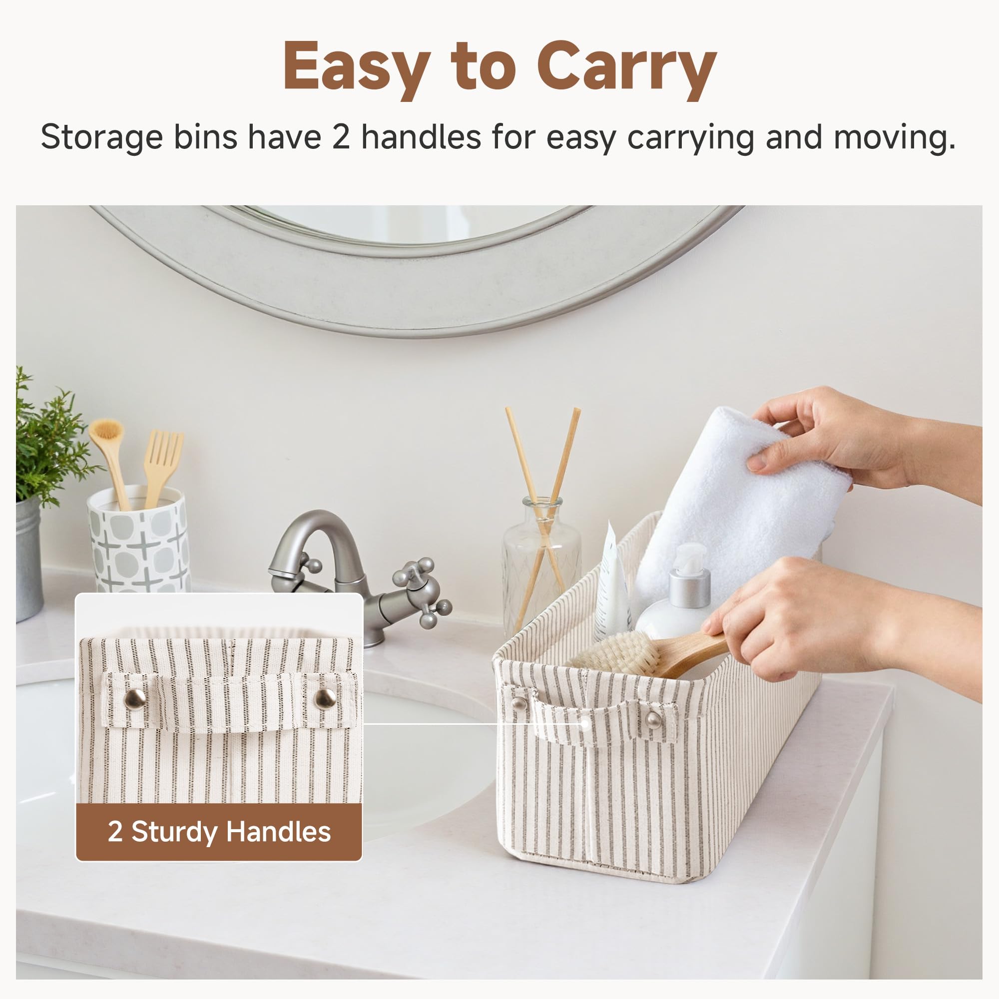 StorageWorks Cestas de almacenamiento estrechas, cajas largas con asas para organizar el armario, pack de 2, rayas beige