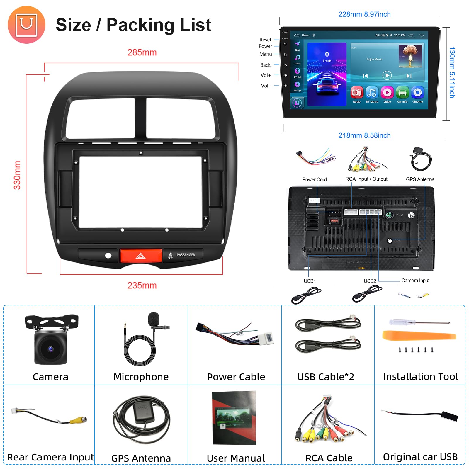 Hodozzy 2GB 64GB Radio para Citroen C4 (2007-2013)/Mitsubishi ASX (2010-2016)/Peugeot 4008 (2012) Carplay Android Auto, 10,1 Pulgadas 2 DIN Pantalla Táctil Radio Android GPS WiFi Bluetooth RDS Cámara