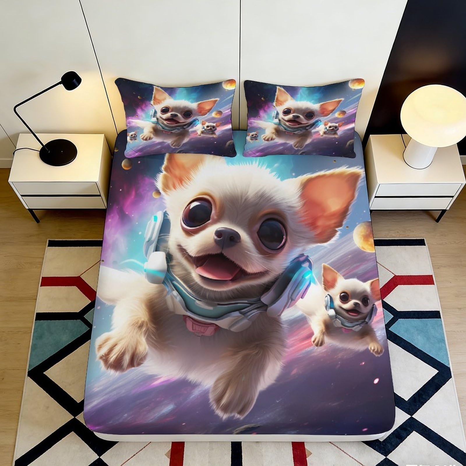 Pnayamiorkfel Style-9 3D Printed Space Dog Fitted Sheet Microfiber Anti-Slip Cartoon Puppy Mattress Cover Bedroom Dorm Decor Washable 90X200x25cm