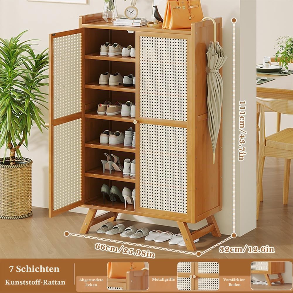 Bambus-Schuhschrank SET023, 7 Ebenen, 2 Türen, 66 x 32 x 111 cm