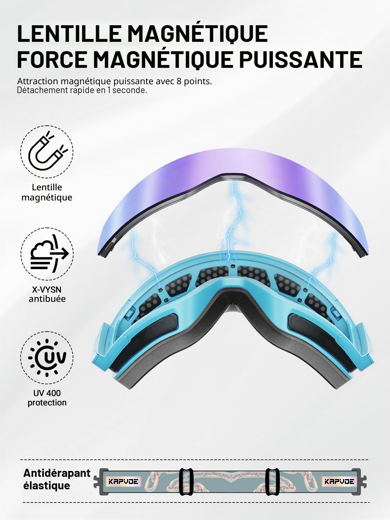 KAPVOE Masque de Ski OTG pour Homme et Femme Anti-buée Lunettes de snowboard à Verres Magnétiques Interchangeables, Protection UV400 Pour Sports D’hiver K718