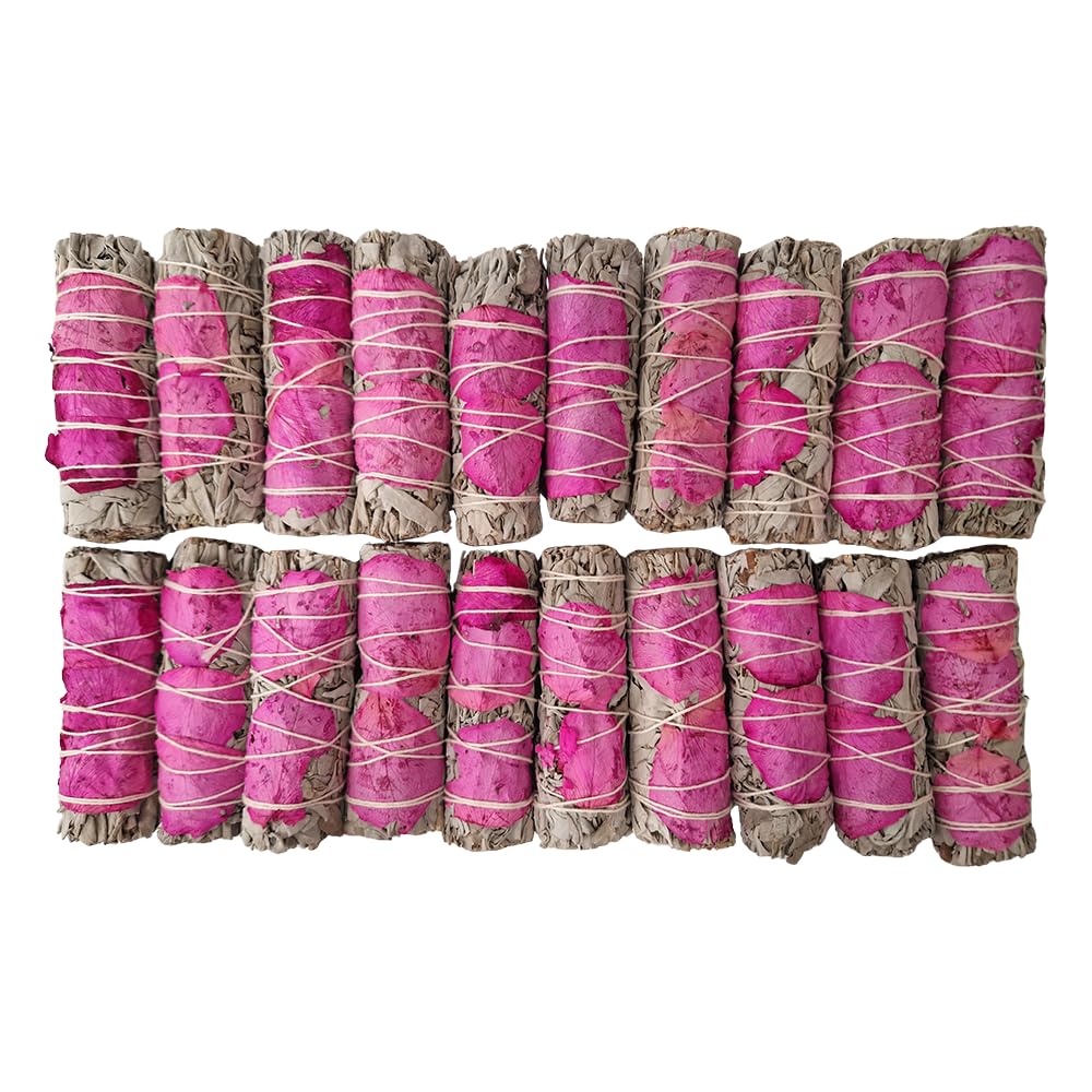 VIE Smudge Stick, White Sage and Light Pink Petals 4", Pack of 20