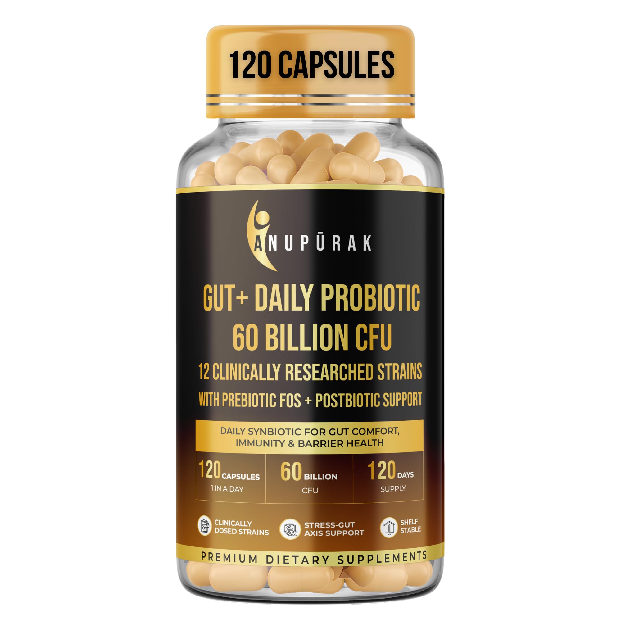 Gut Health Probiotic 60 Billion CFU with Prebiotics FOS & GOS | 12 Strains Synbiotic Formula | Postbiotic + Vitamin D3 | Shelf-Stable | 120 Veg Capsules, 120-Day Supply-image-35