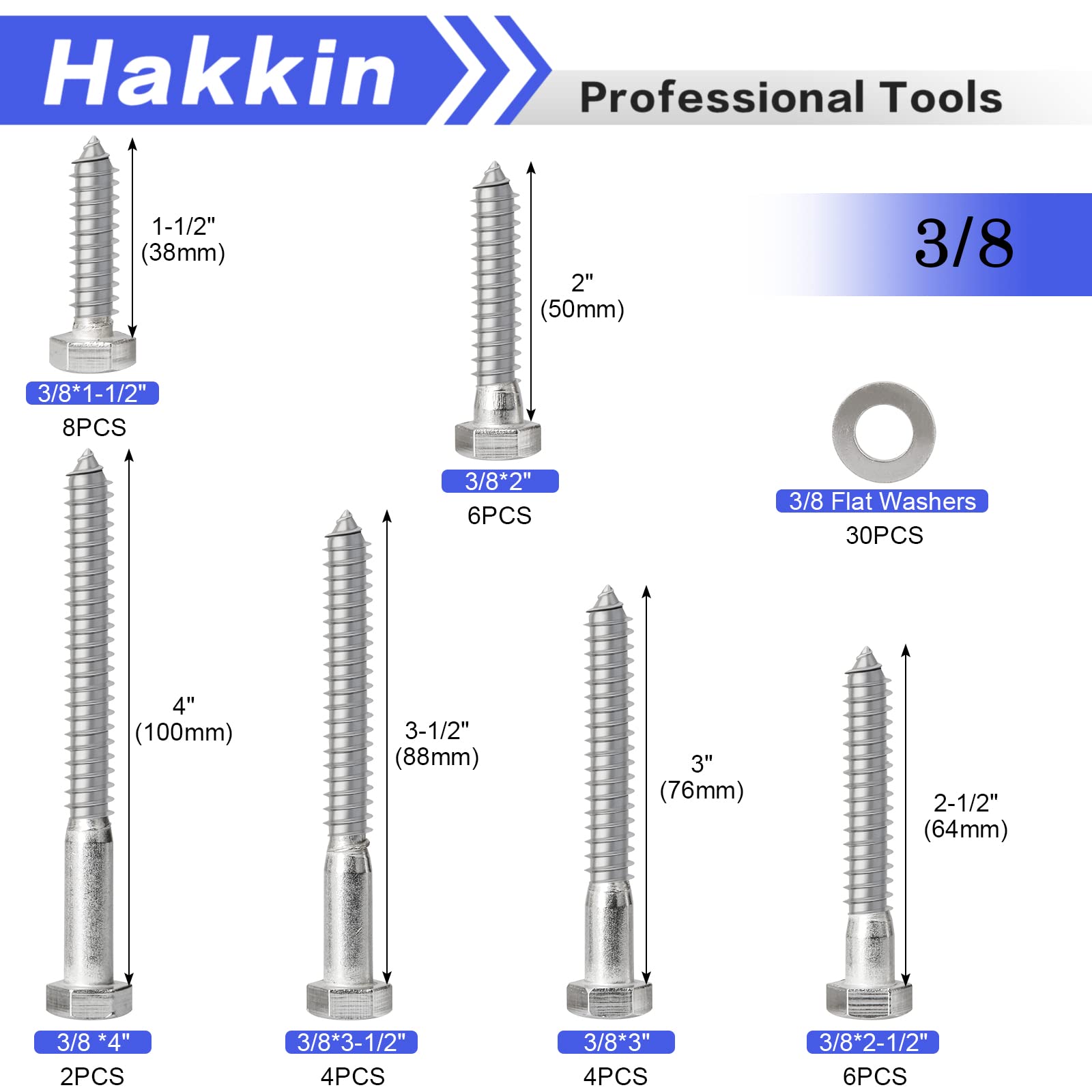 LBY 10-Pack 3/8" X 2" Lag Screws – 304 Stainless Steel, Black Electroplated, Hex Head Wood Screws – Heavy Duty For Decks, Pergolas, And Industrial Use