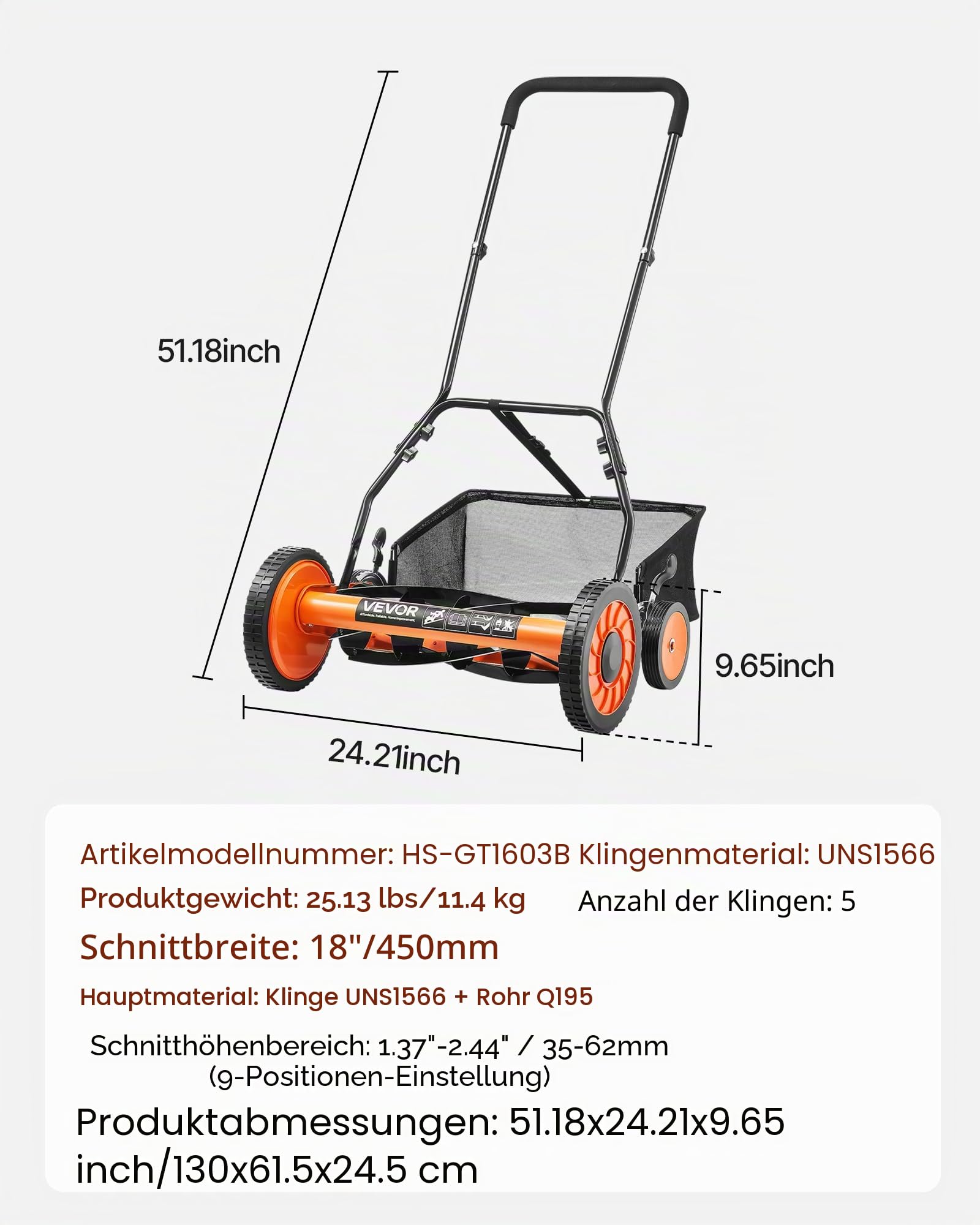 VEVOR Spindelmäher mit 450 mm Schnittbreite, Rasenmäher Schnitthöhe von 35 bis 62 mm, Handmäher mit 5 Klingen und Grasfangsack, Ideal für grüne Rasenflächen, Einfahrten, Innenhöfe