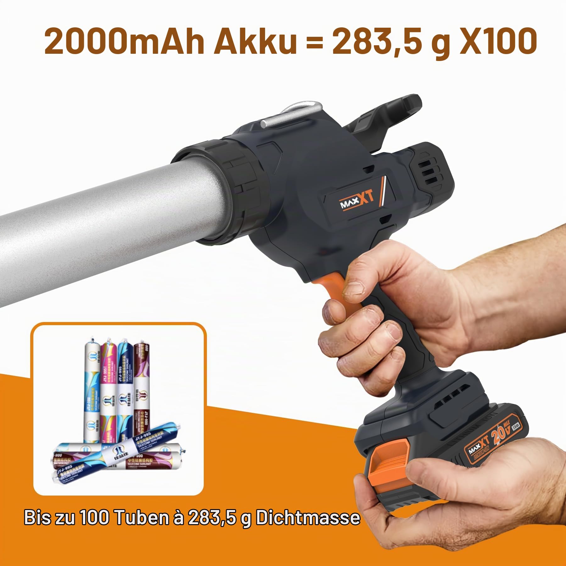 MAXXT Elektro‑Dichtungsspritze für 600 ml‑Kartuschen, 20V Silikonspritze mit 2000 mAh Akku zum Dichten und Abdichten
