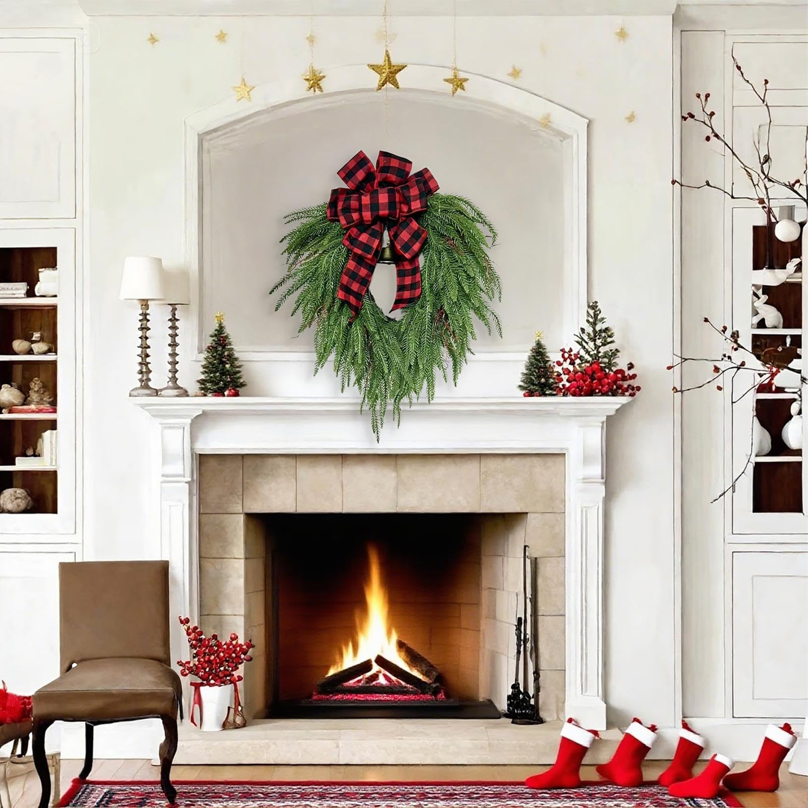 Ghirlanda di Natale per porta, ghirlanda natalizia per interni, ghirlanda di aghi di pino con design realistico con e gancio, per decorazione esterna e interna della casa rustica