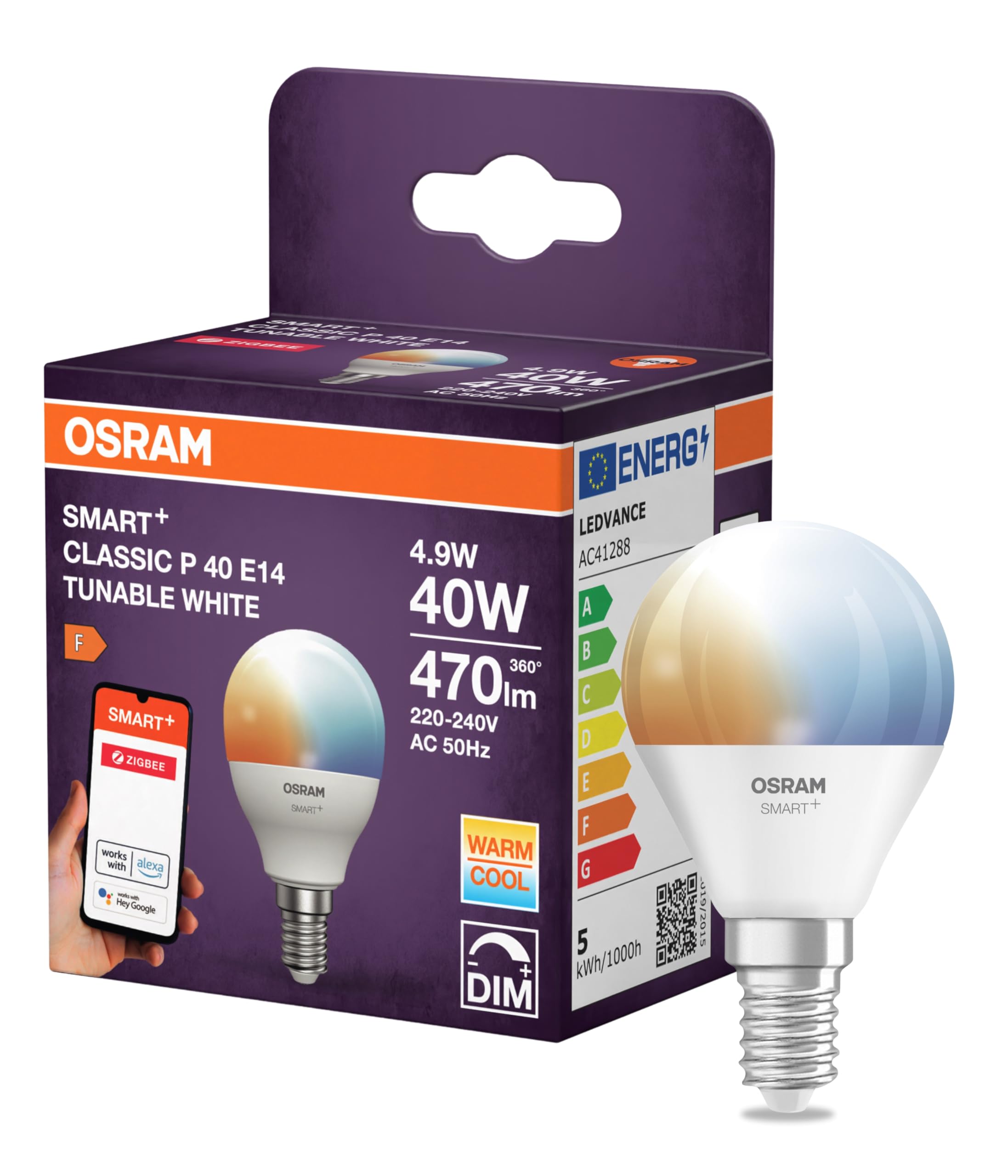 Osram SMART LED Lampe P40 Miniballform E14, 4.9W ZigBee 3.0, Tunable White 2700-6500K, dimmbar, App Steuerung, Alexa