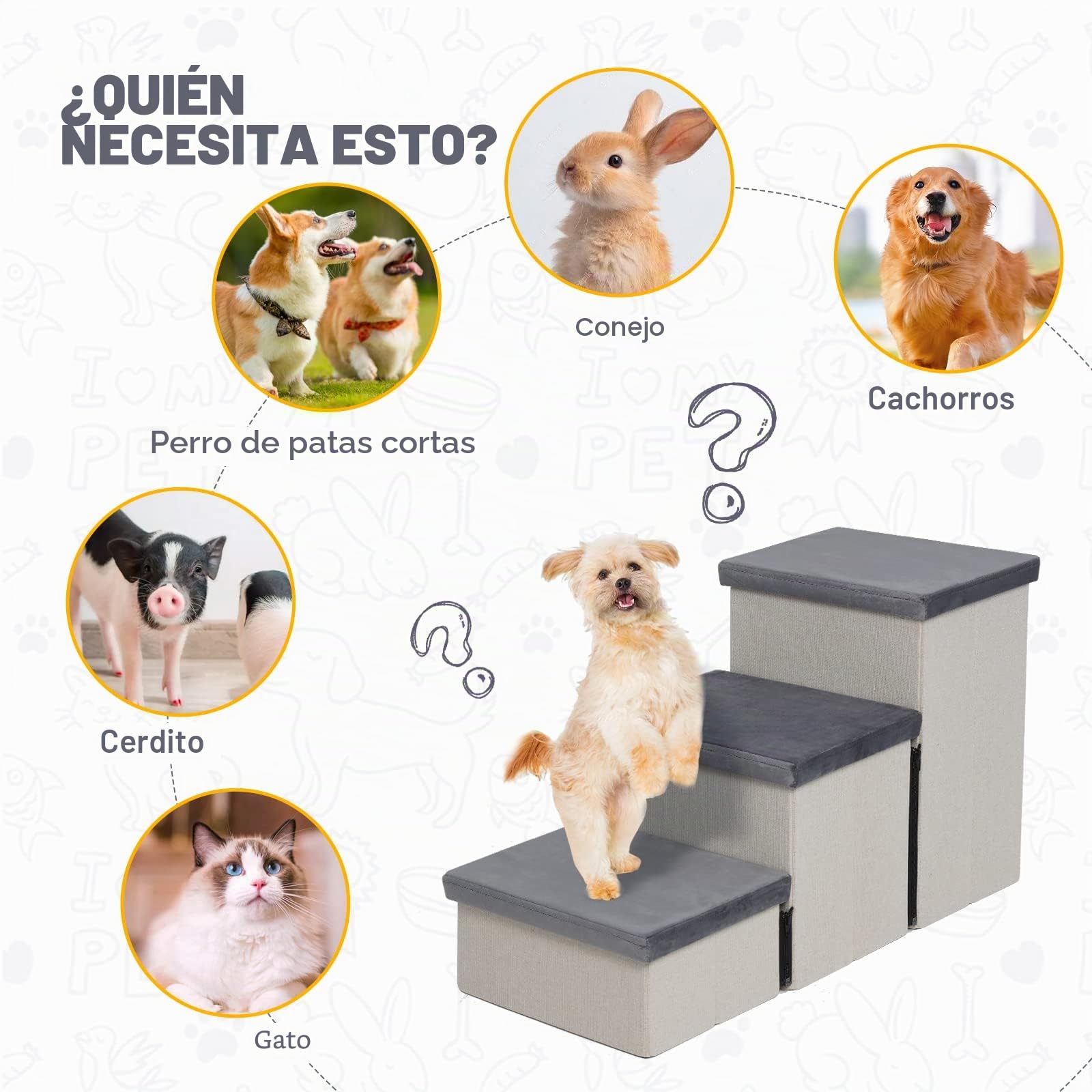 Escaleras Plegables de 3 Peldaños para Mascotas,Perros y Gatos,Escalera con Amplio Almacenamiento,Ahorra Espacio,Resistente,74x33x44 cm