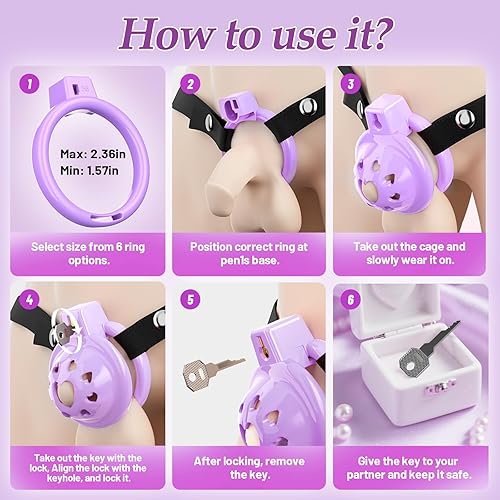 Miniatura 13 de Preciosa jaula de castidad masculina rosa, dispositivos de castidad ligeros con cabeza de silicona suave, 6 anillos para el pene para el pene, jaula