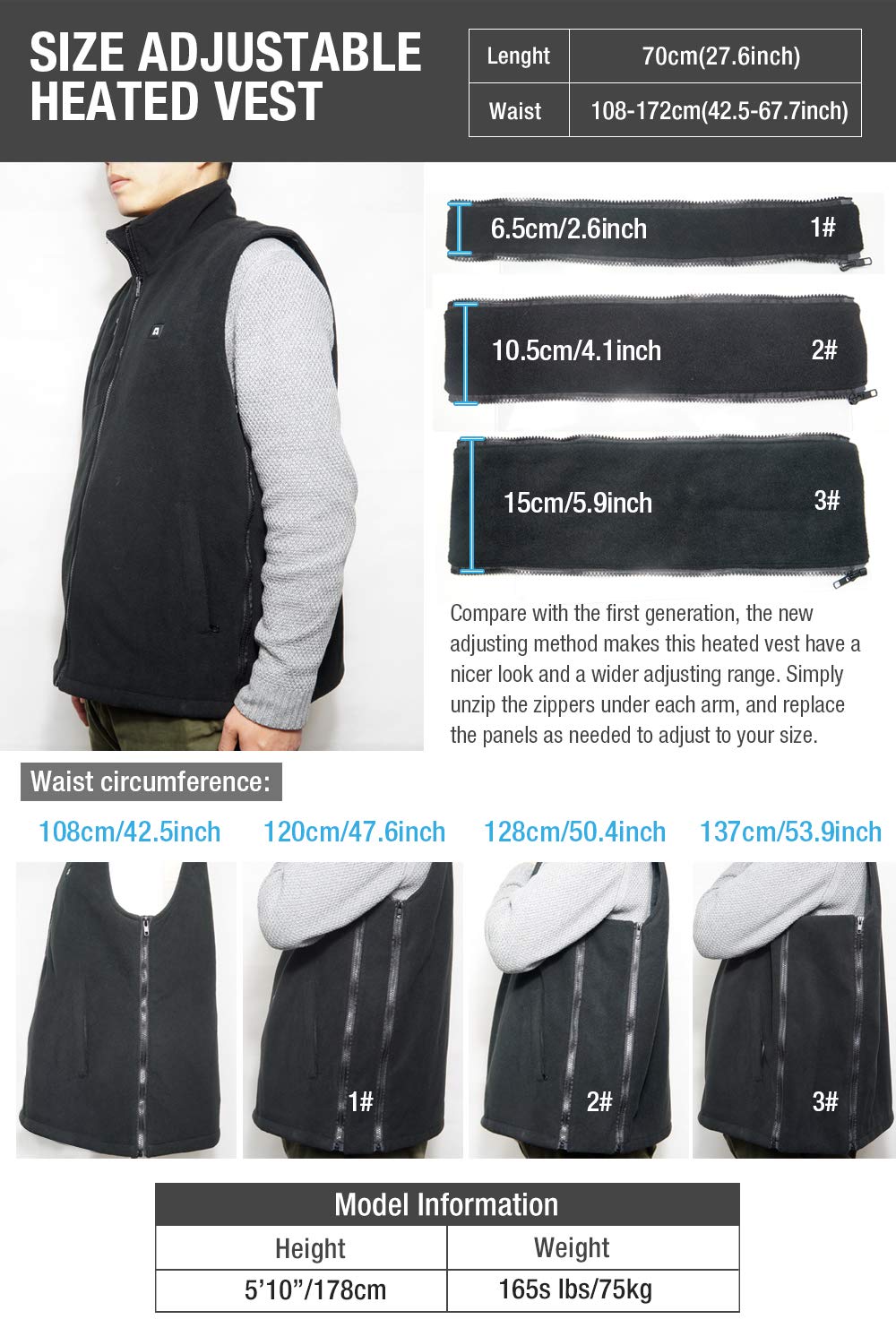 ARRIS Gilet chauffant pour hommes Gilets chauds ajustables avec bloc d'alimentation pour la randonnée, le camping, la pêche et le golf