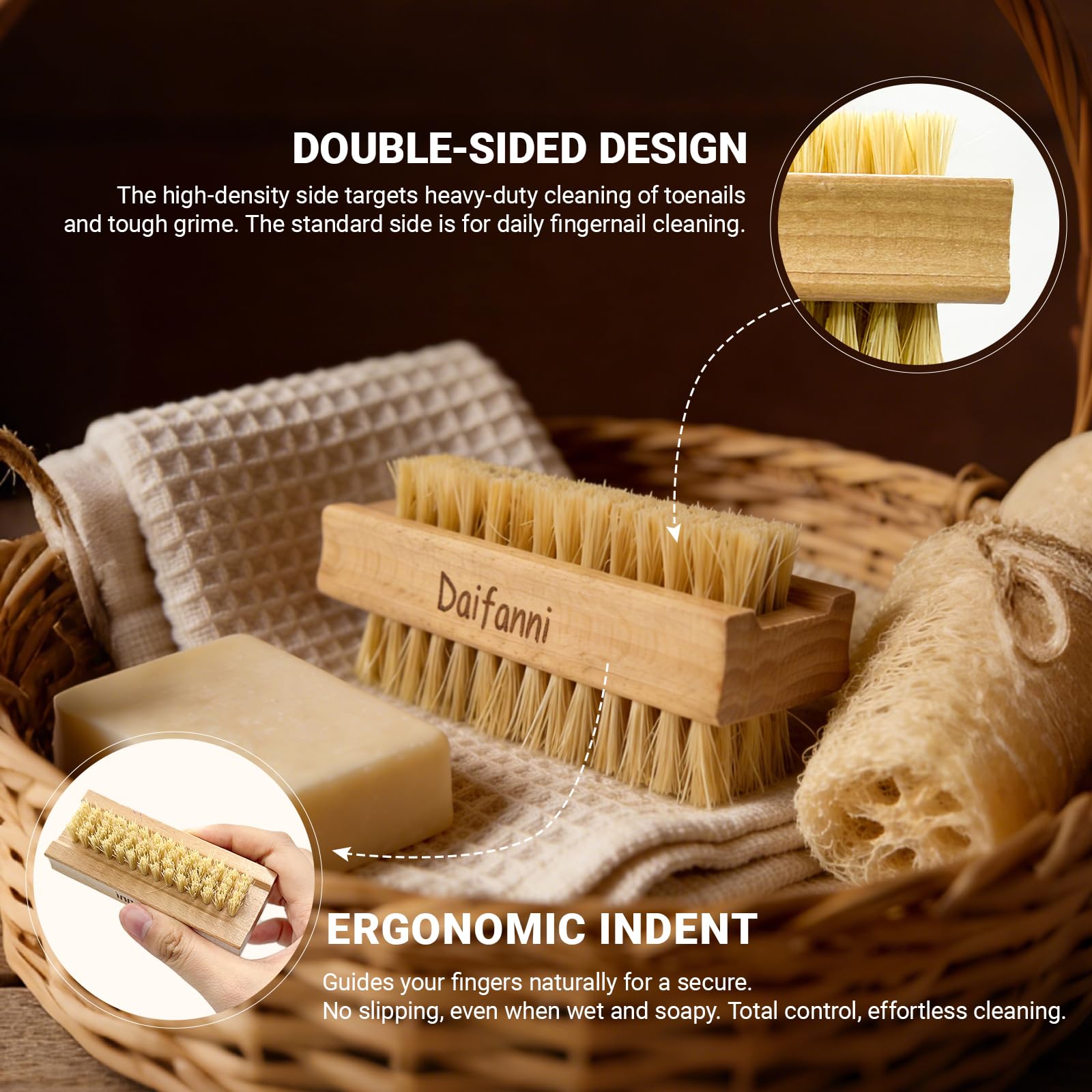 Cepillo de uñas de doble cara, madera de haya natural y sisal, estropajo resistente de doble densidad para uñas de manos y pies, paquete de 3