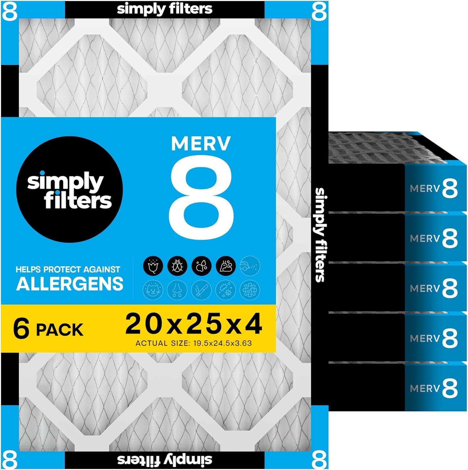 Simply 20x25x4 Air Filter, MERV 8, 6 Pack, Furnace Air Filter for HVAC (Actual Size:19.5"x24.5"x3.63") DUST, Pet, & Allergy Control