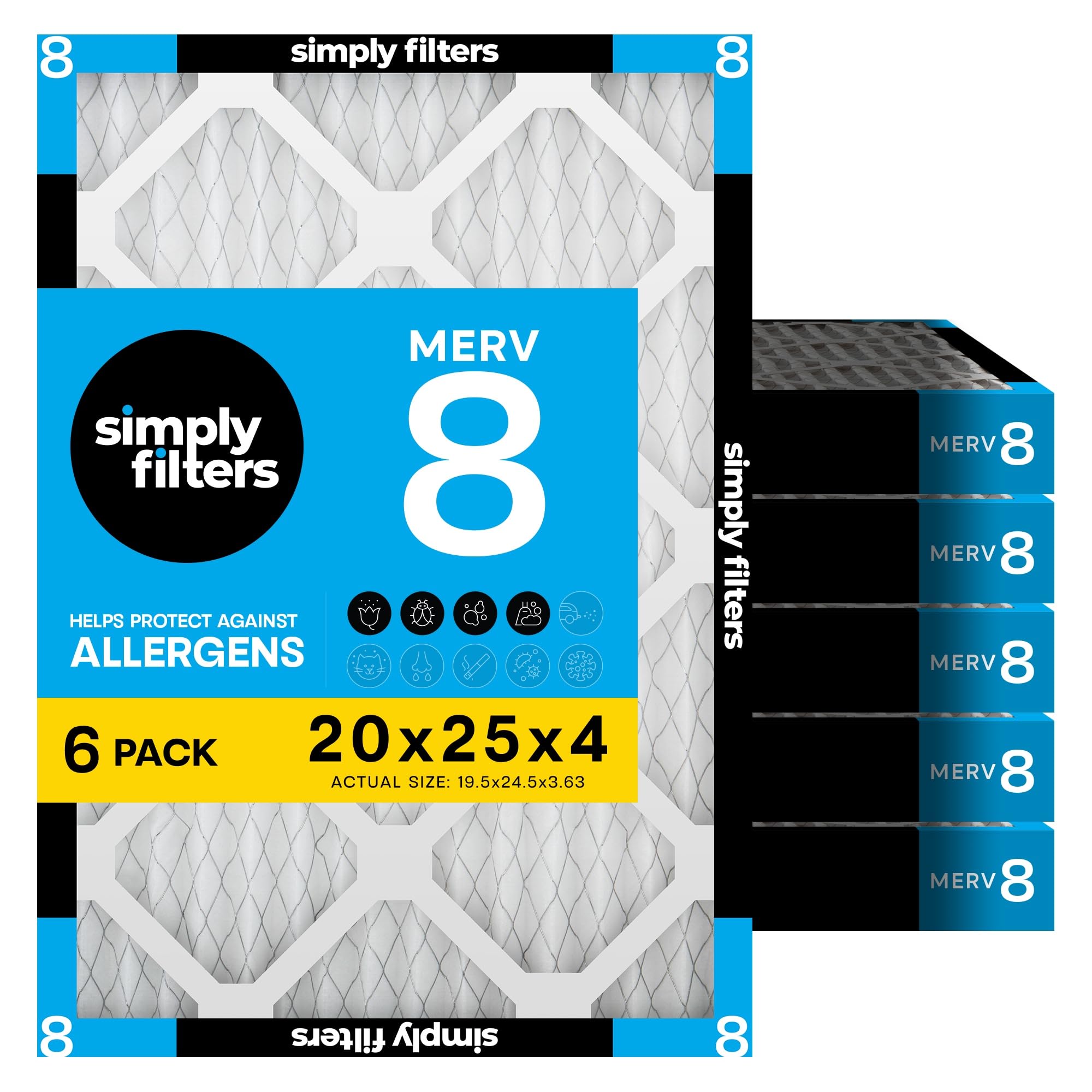 Simply 20x25x4 Air Filter, MERV 8, 6 Pack, Furnace Air Filter for HVAC (Actual Size:19.5"x24.5"x3.63") DUST, Pet, & Allergy Control, 20x25x4