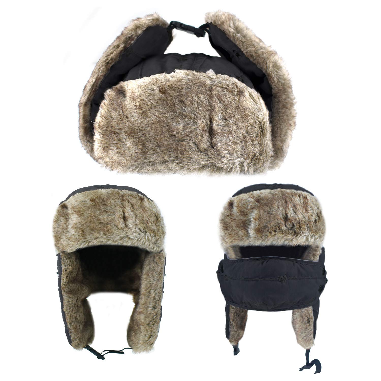 Brotou - Bonnet aviateur unisexe - En fausse fourrure - Avec cache-oreilles - Garde au chaud - Idéal pour le ski, le patinage et les activités de plein air en hiver, Noir , 60