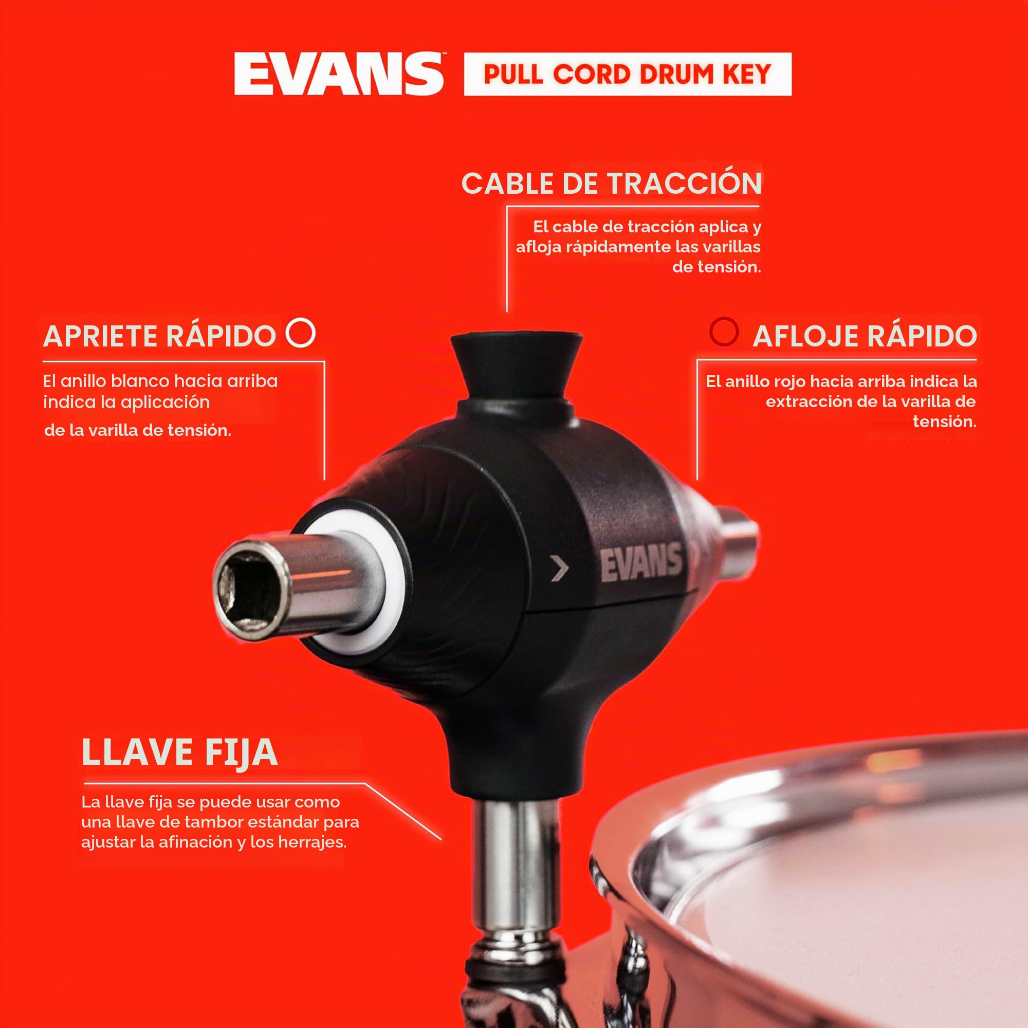 Evans Llave de tambor con cordón – Llave de tambor totalmente mecánica de tres cabezales – Llaves para afinar tambores – Accesorios de batería – Regalos para bateristas