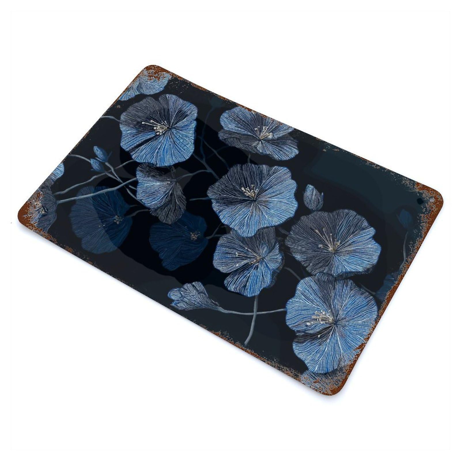 Blue Floral Pattern on Dark Background Decorative Tin Sign 11.8"x7.9", Rustic Home Decor for Garage, Pub Or Kitchen