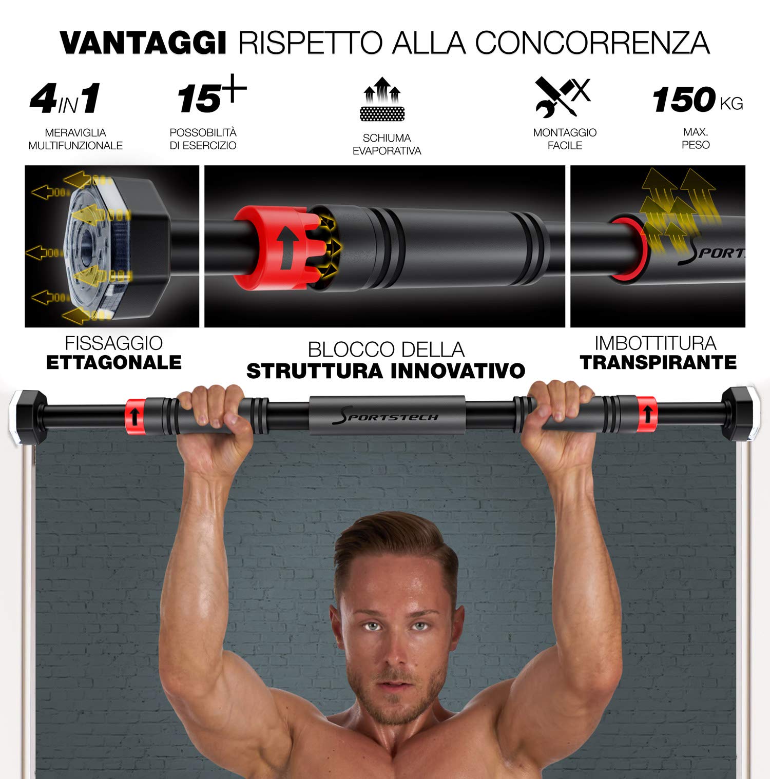 Barra di trazione con innovativa funzione di bloccaggio | sicura & veloce senza viti nel telaio della porta | fino a 200 kg | Indoor Pull Up Bar regolabile fino a 90 cm | SPORTSTECH KS260 / KS270 incl. eBook