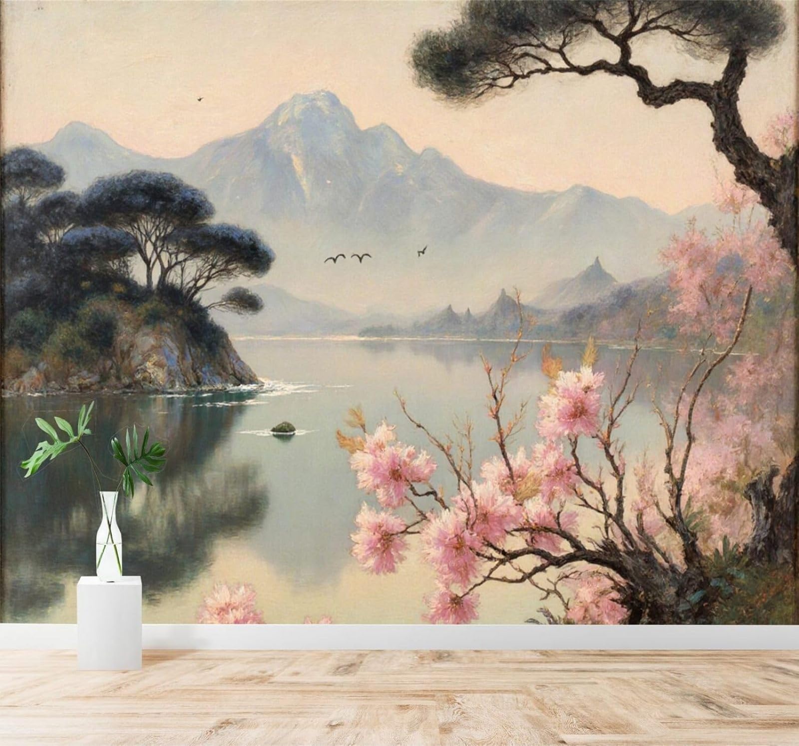 XLMING Mountain Peaks Lakes Cherry Blossom Trees Birds in Flight Natural Scenery 3D Wallpaper Premium Textured Silk Study Dining Living Room Bedroom Sofa TV Wall Easy Install-400cm×280cm