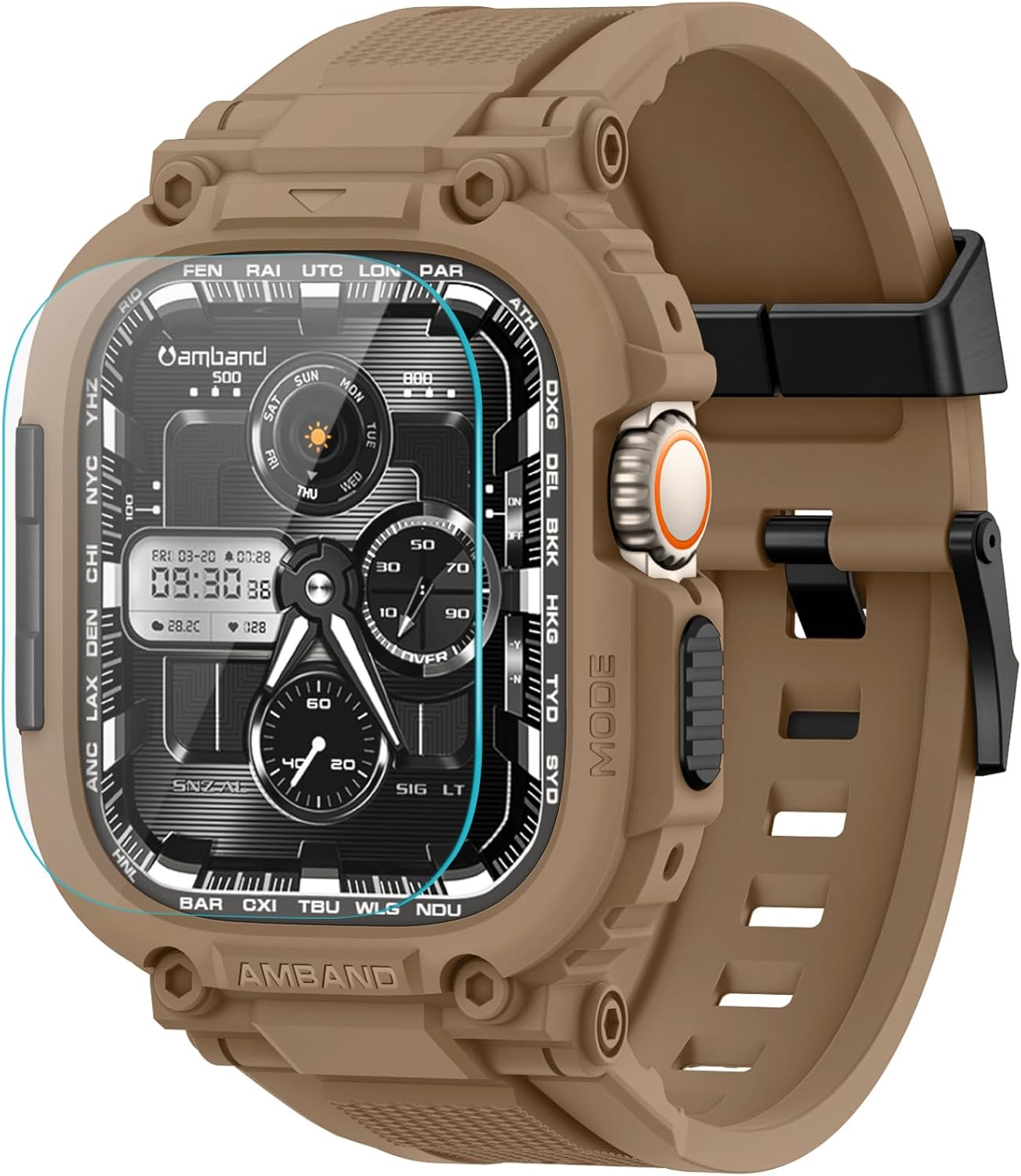 amBand for Apple Watch Ultra 2 Screen Protector, M1 Sport Series Tough Case Fits iPhone Ultra 2/1 Watch Bands 49mm, Outdoor Activities Essential Full Body Protection for Hiking Cycling - Desert Tan