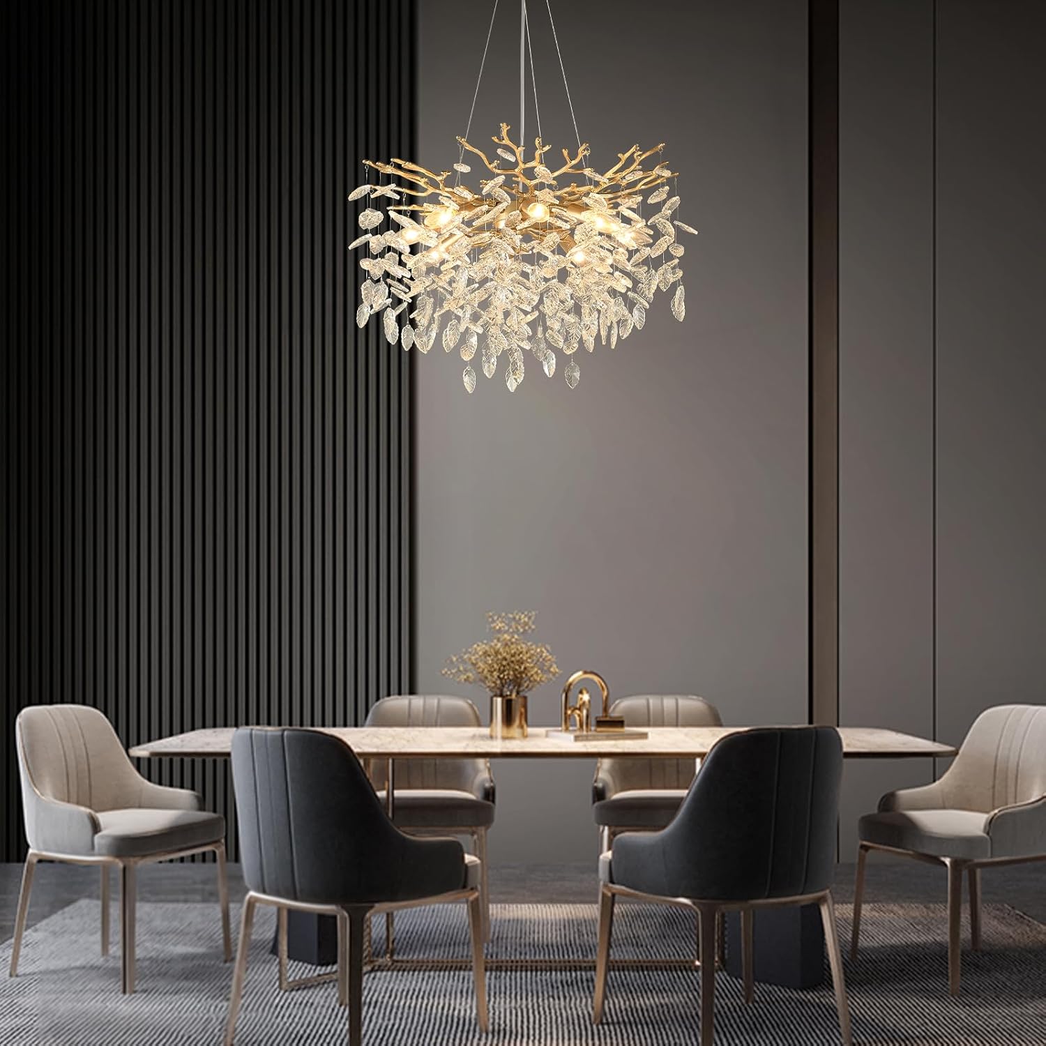 24" Gold Crystal Chandelier, 8-Light Modern Chandeliers for Dining Room, Round Living Room Chandelier, Tree Branch Light Fixture for Master Bedroom Kitchen Island Entryway, E12