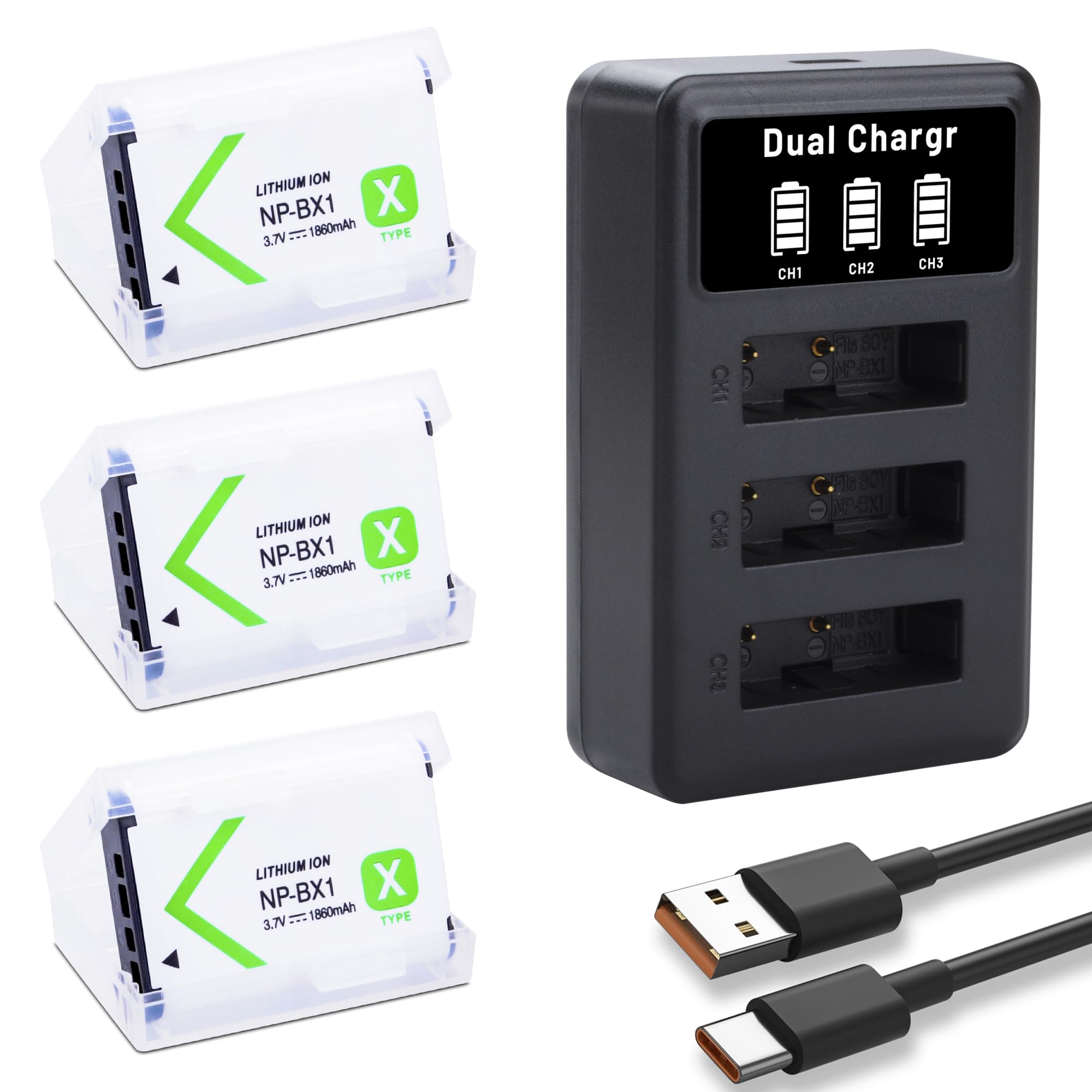 NP-BX1 Battery 3-Pack and 3-Channel Charger Compatible for Sony NP-BX1/M8, ZV-1, ZV-1 II, Cyber-Shot DSC-HX80, HX90V, HX95, HX99, HX350, RX1, RX1R II,