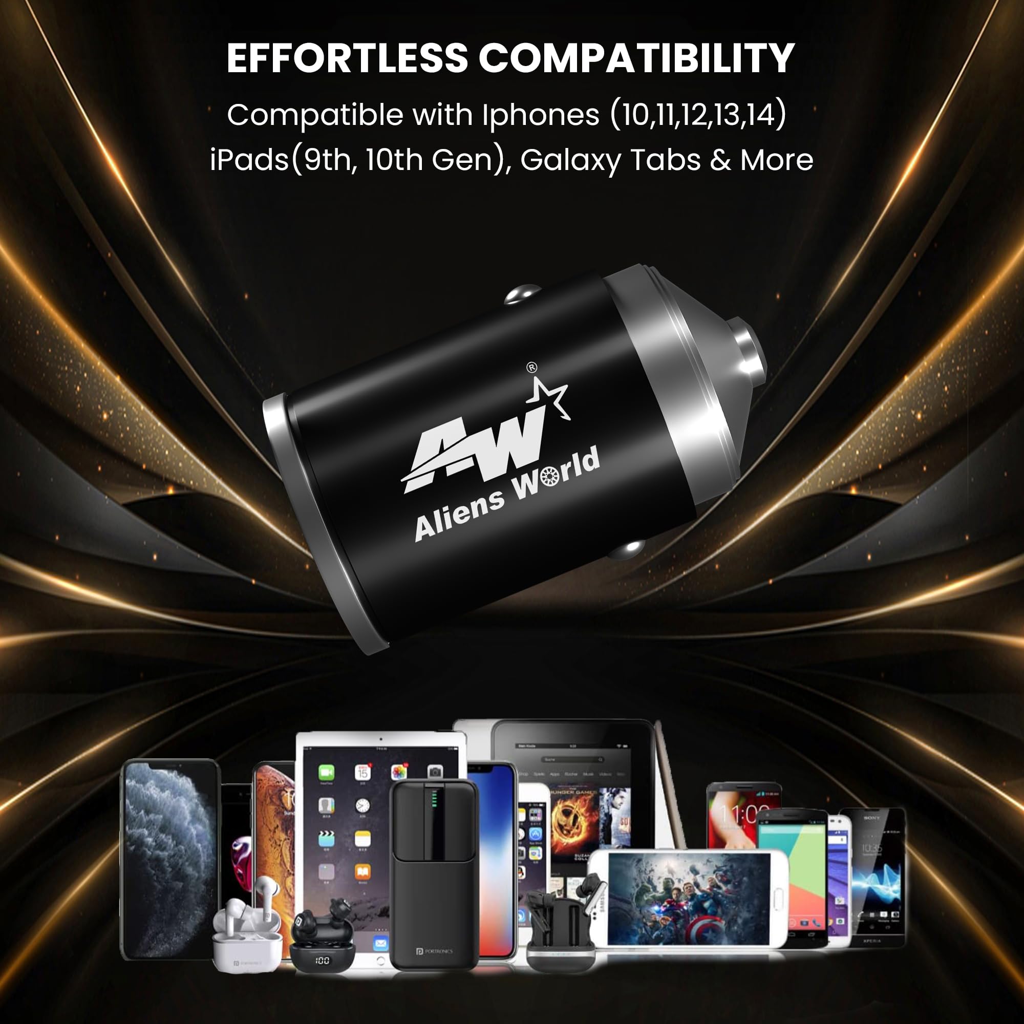 aliens world 100W PD30+QC4.0 Rocket Hidden Car Charger with Dual Output,100Watts Total, Fast Charging, Adapter for iPhone & Android Smartphones and Tablets with 3 in 1 Data Cable (Black) 1