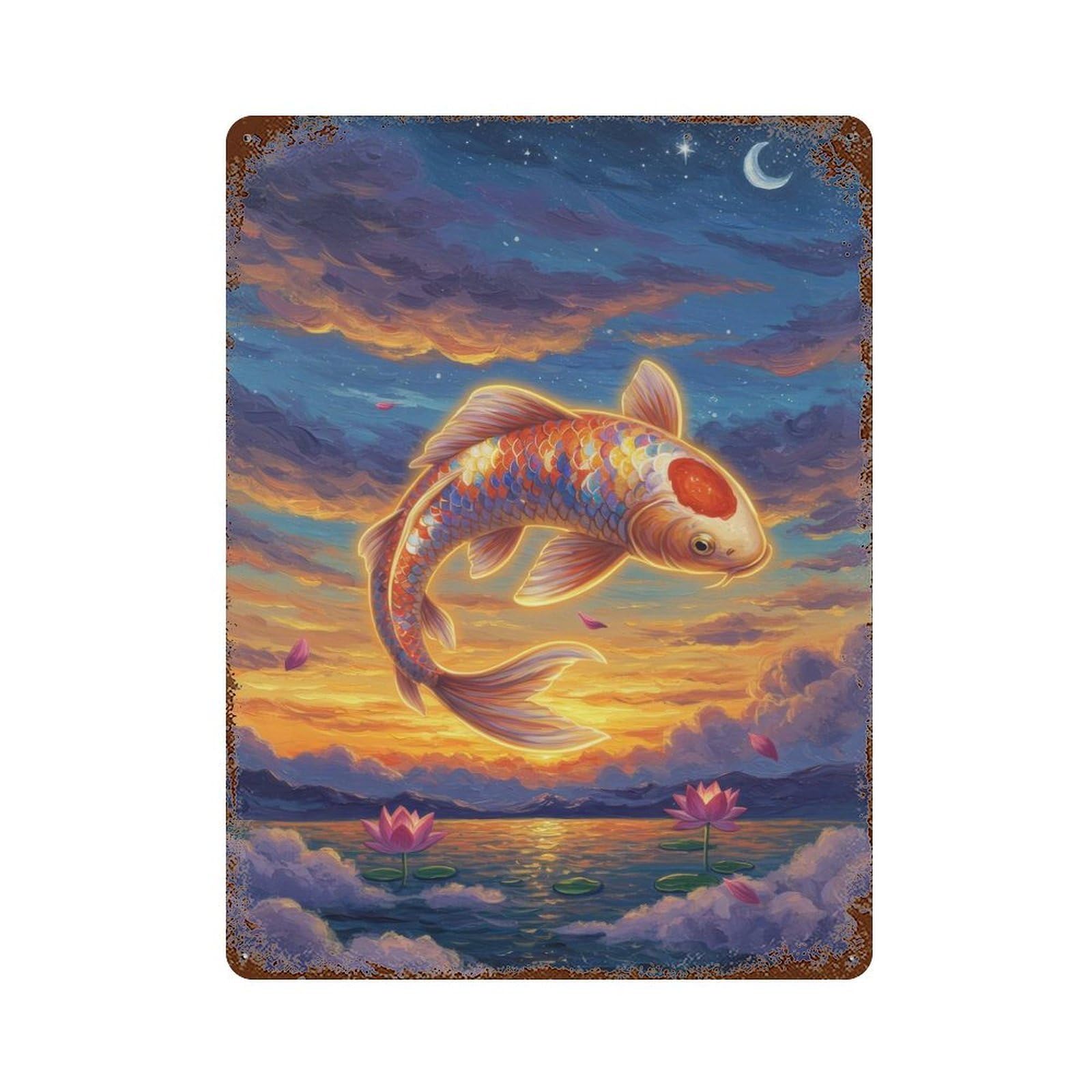 Rust Effect Koi Fish Dreamscape Distressed Metal Wall Sign 15.7"x11.8", Decorative Metal Wall Art for Living Room, Hallway And Home Decor
