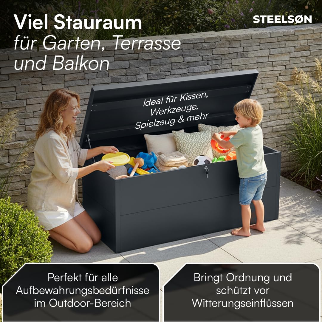 STEELSØN Icarus Gartenbox Metall 560 L – Auflagenbox mit Deckel abschließbar – Gartentruhe wasserdicht – Aufbewahrungsbox in Anthrazit – outdoor Kissenbox 165x70x63 cm – große Truhe für Gartenpolster