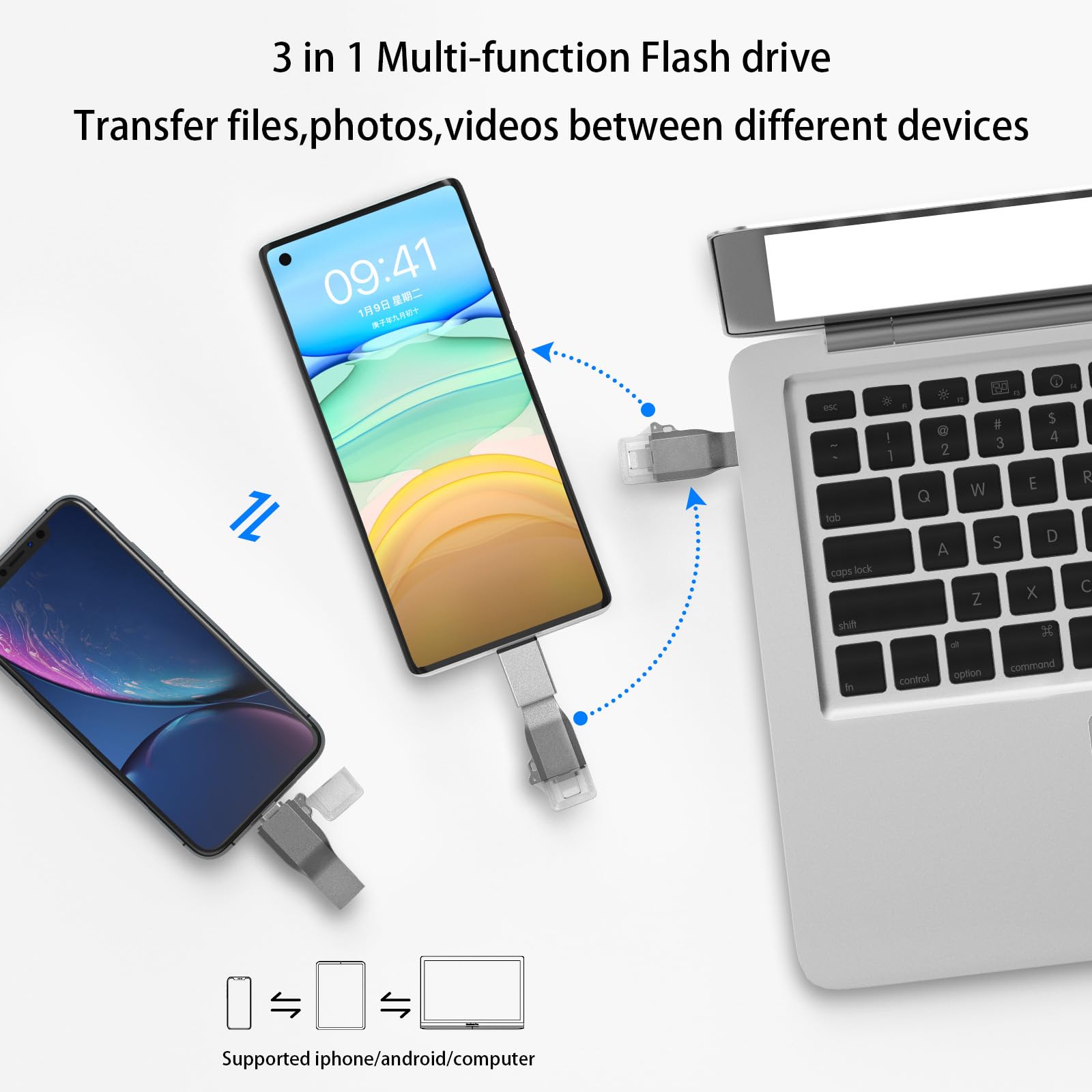 Chasisna Memoria Esterna da 64GB, Compatibile con phone, pad, tablet, PC e smartphone Android con supporto USB C. Design 3 in 1, trasferimento rapido di foto e video.