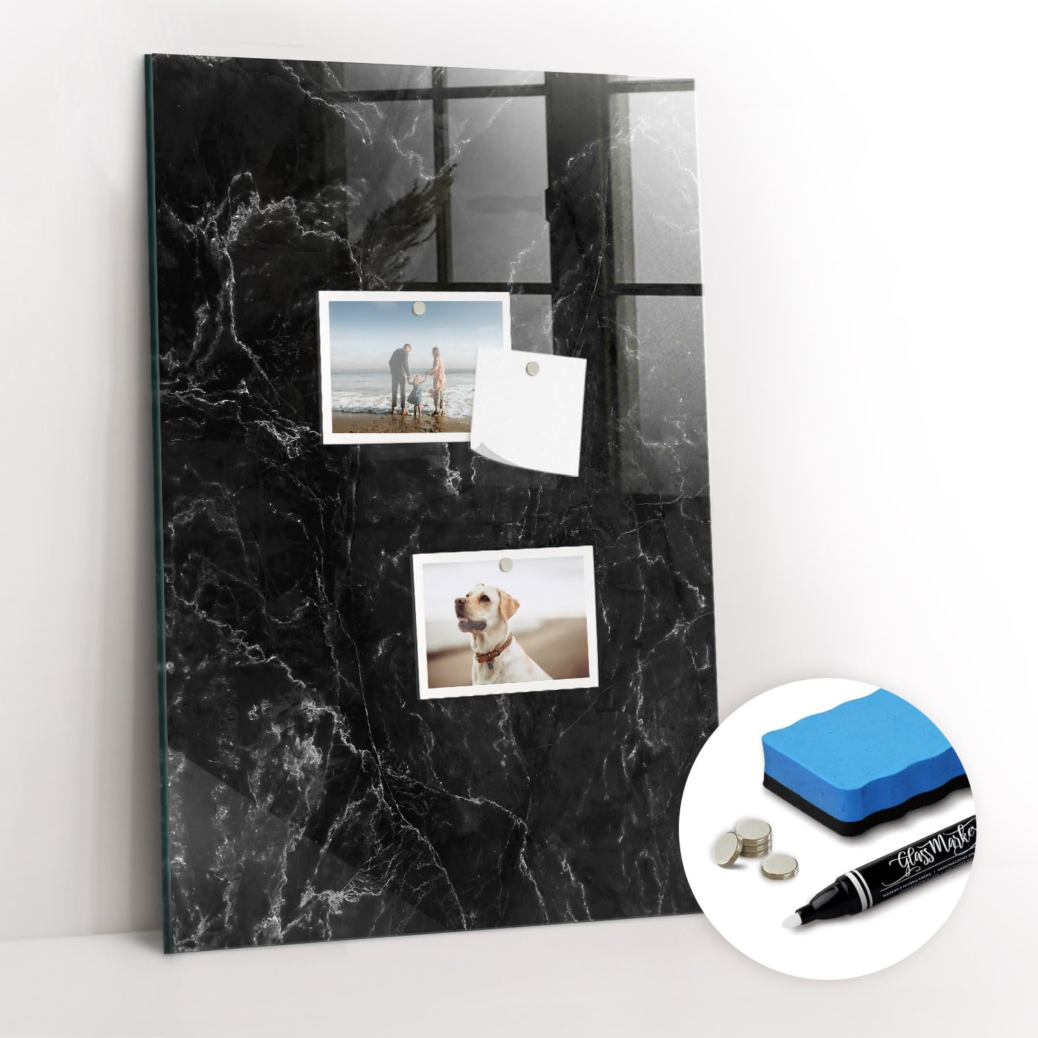 Elegante magnetische Glas-Schreibtafel inkl. Neodym-Magnete, Marker & Schwamm | Stabil, leicht zu reinigen | Für Arbeit, Heim & Designräume - 40x60 - Dunkler Marmor