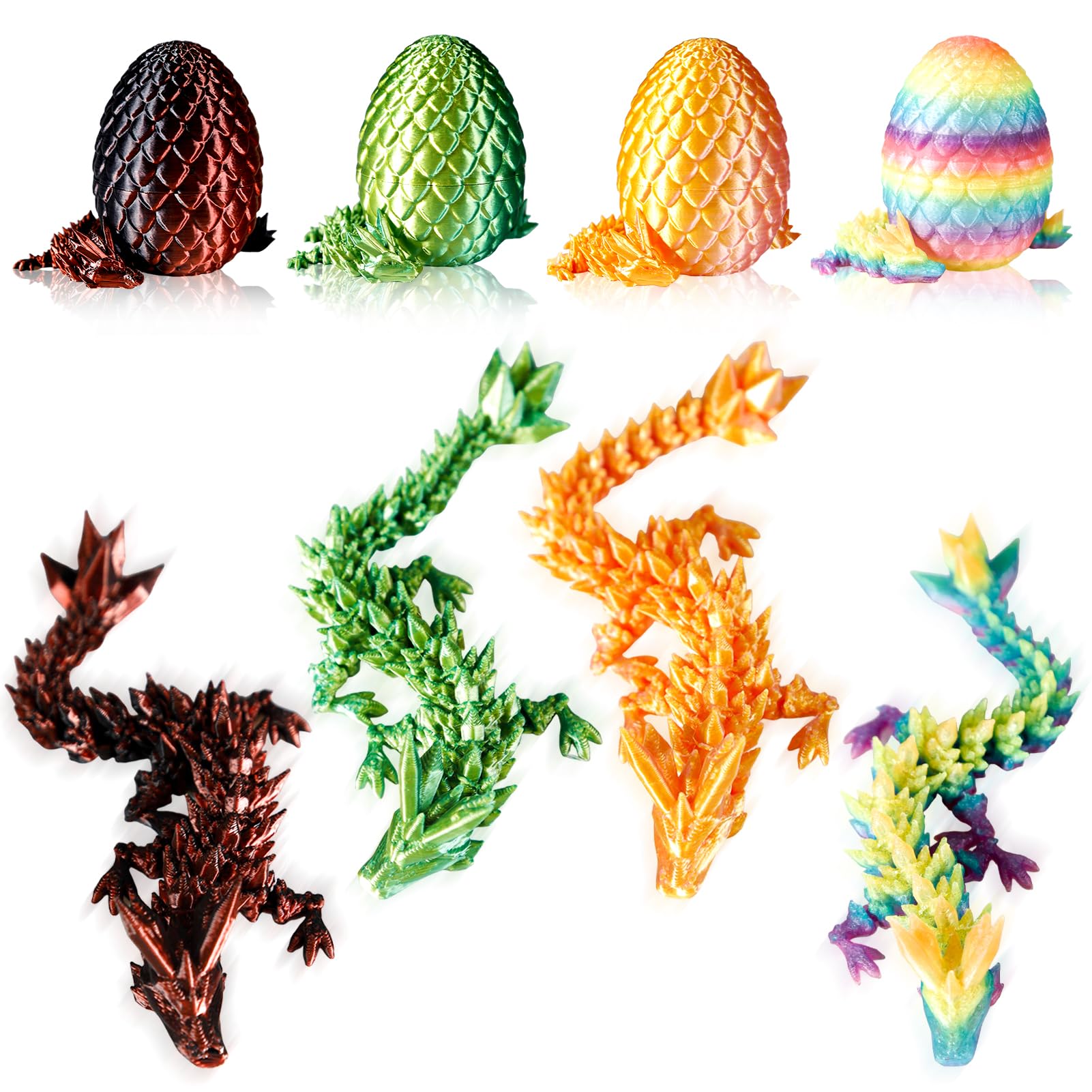 3D Printed Dragon Eggs, 4Pcs Full Articulated Crystal Dragon With Egg,Easter Egg 3D Printed Animals Set, Flexible Joints Fidget Toy for Kids, Fantasy Decor(Includes 0ne Glow in The Dark Version)