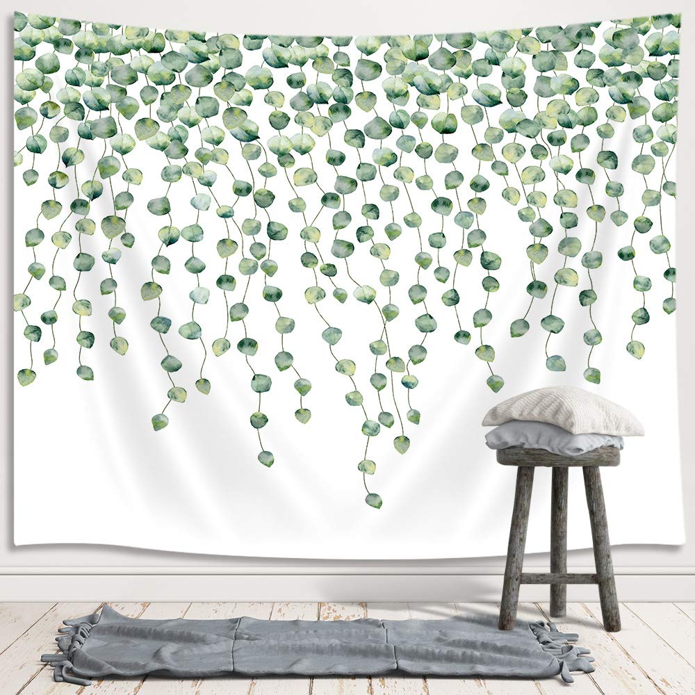 Green Plant Decor Tapestry for Teen Girl Bedroom, Aesthetic Vibe Boho Simple Tropical Eucalyptus Leaves Tapestry Wall Hanging, Outdoor Spring Tapestries Poster Blanket College Dorm 60X40Inches