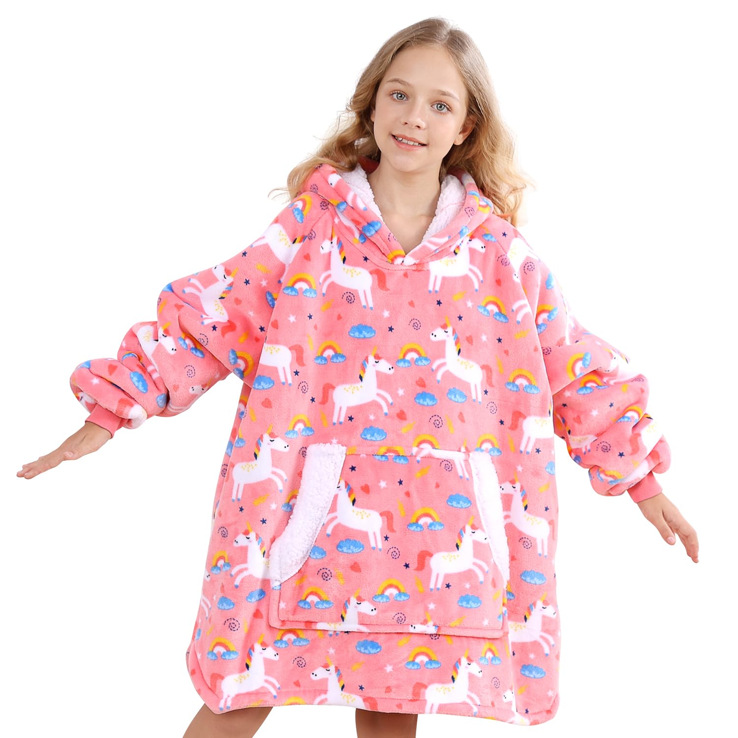 Topblan Blanket Hoodie for Kids Girls Boys Teens, Oversized Flannel & Sherpa Blankets with Hood Pocket and Sleeves