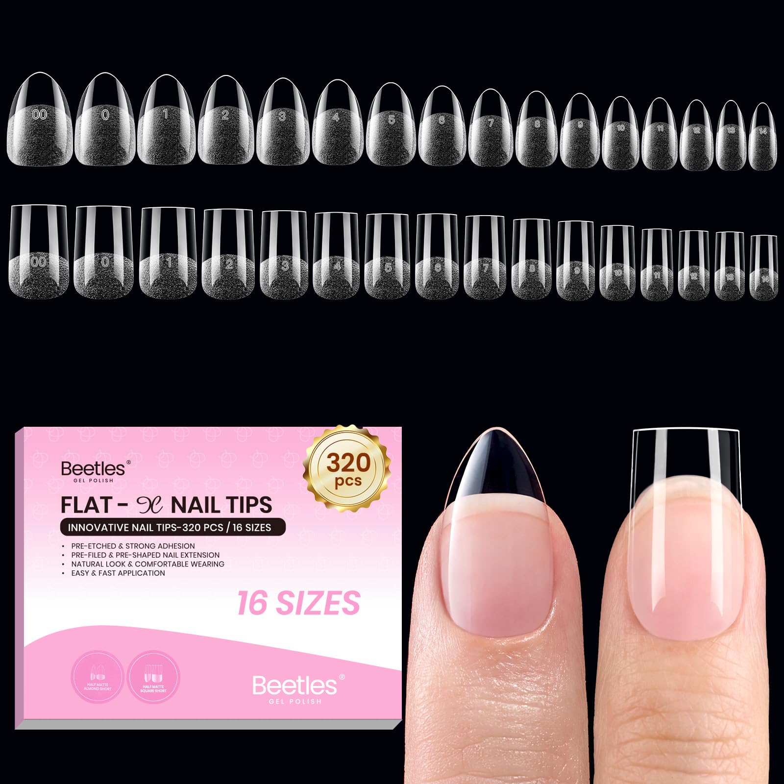 Beetles Gel Polish Beetles Gel Nail Tips Flat-X - Almond Square Short, 320pcs 16 Sizes
