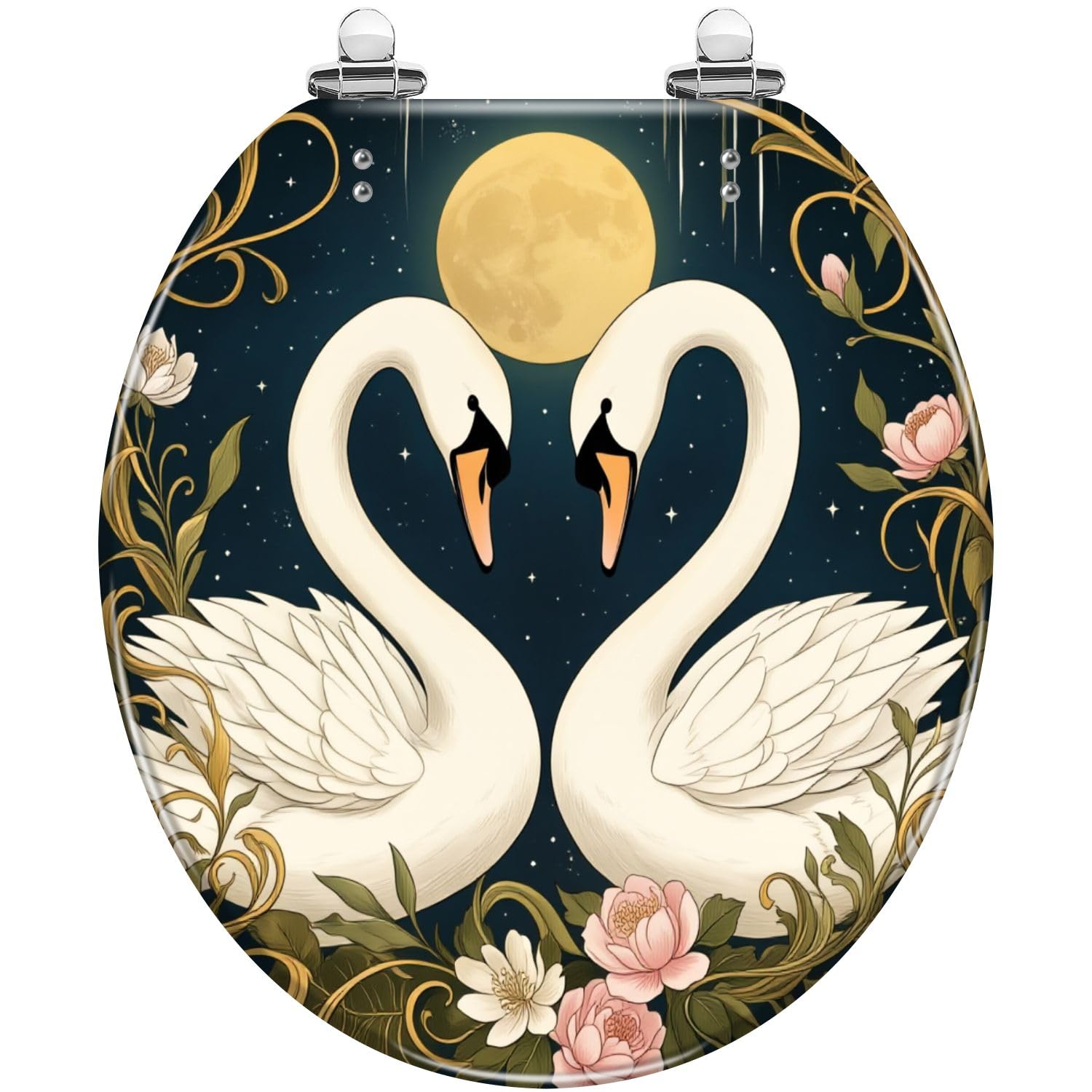 Asiento de inodoro redondo de resina con cierre suave, liberación rápida y fácil limpieza. Diseño floral.