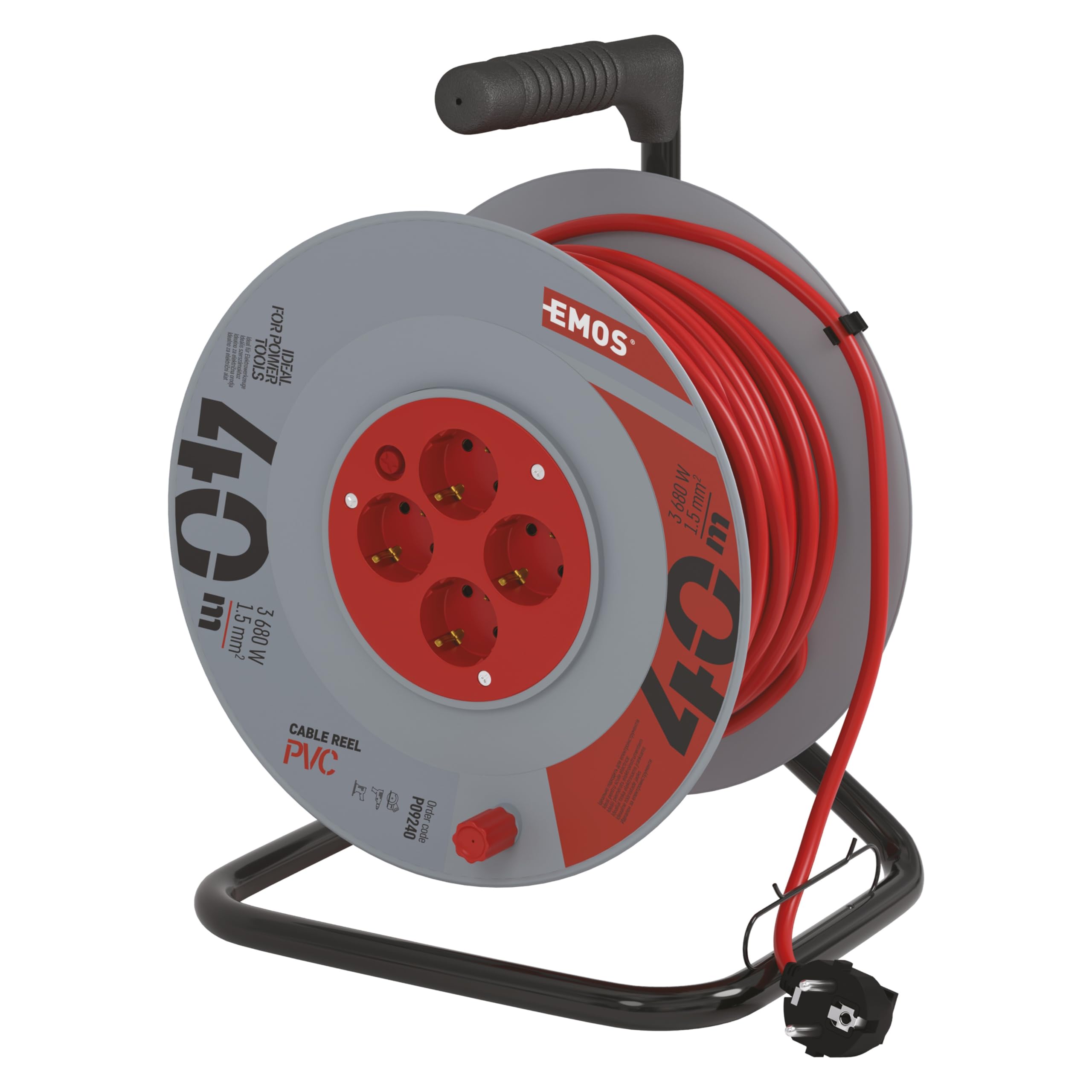Emos - Tambor de Cable Profesional, Cable de 40 m con 4 enchufes, Enchufe de 1,5 mm, plástico Especial, Uso en Interiores (para casa/Taller/caravanas)