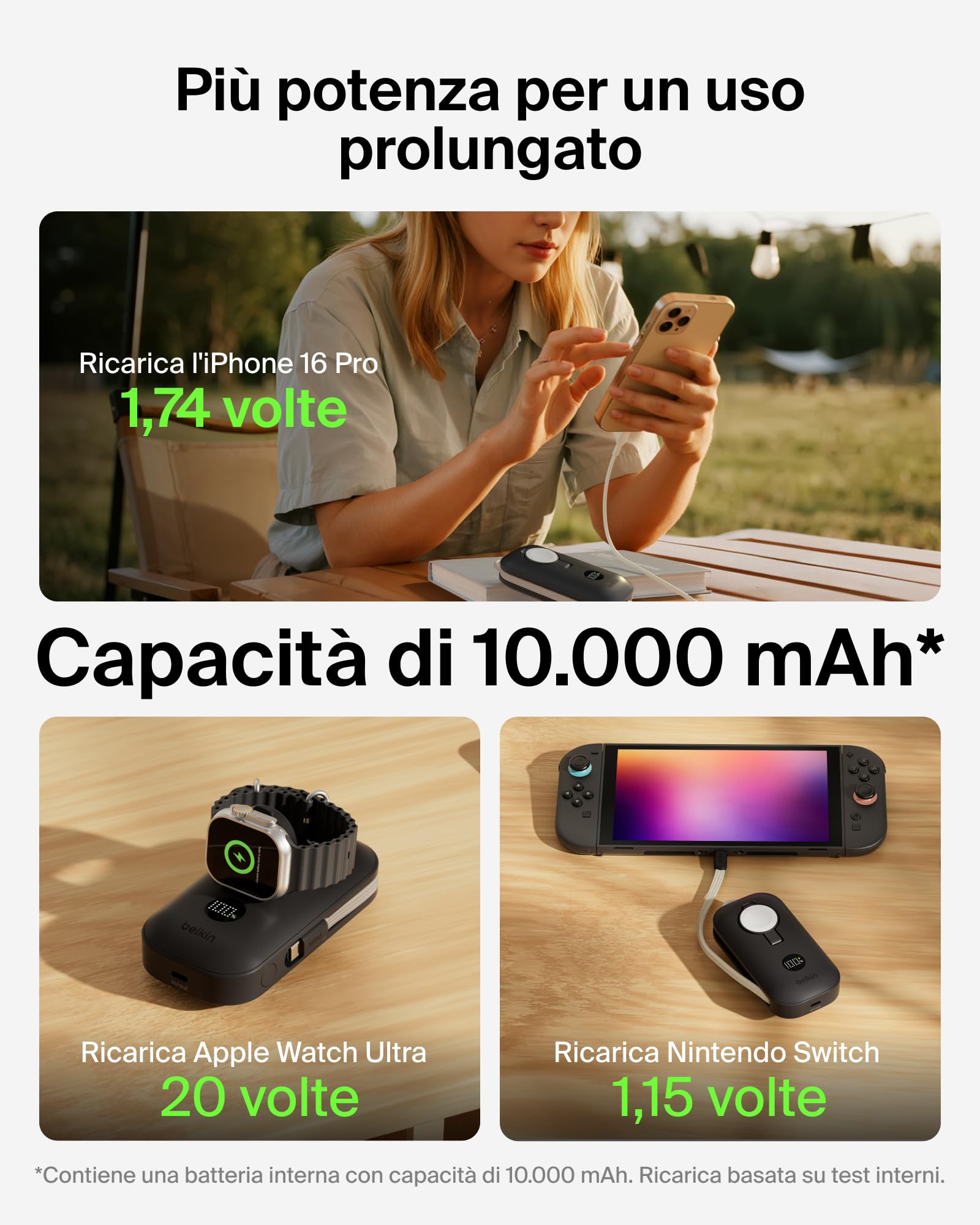 Belkin BoostCharge Pro Power Bank 10000mAh con Caricatore per Apple Watch, Caricatore Portatile con Cavo USB-C Intrecciato e Display Digitale, Batteria Portatile 45W per Ricaricare 3 Dispositivi, Nero