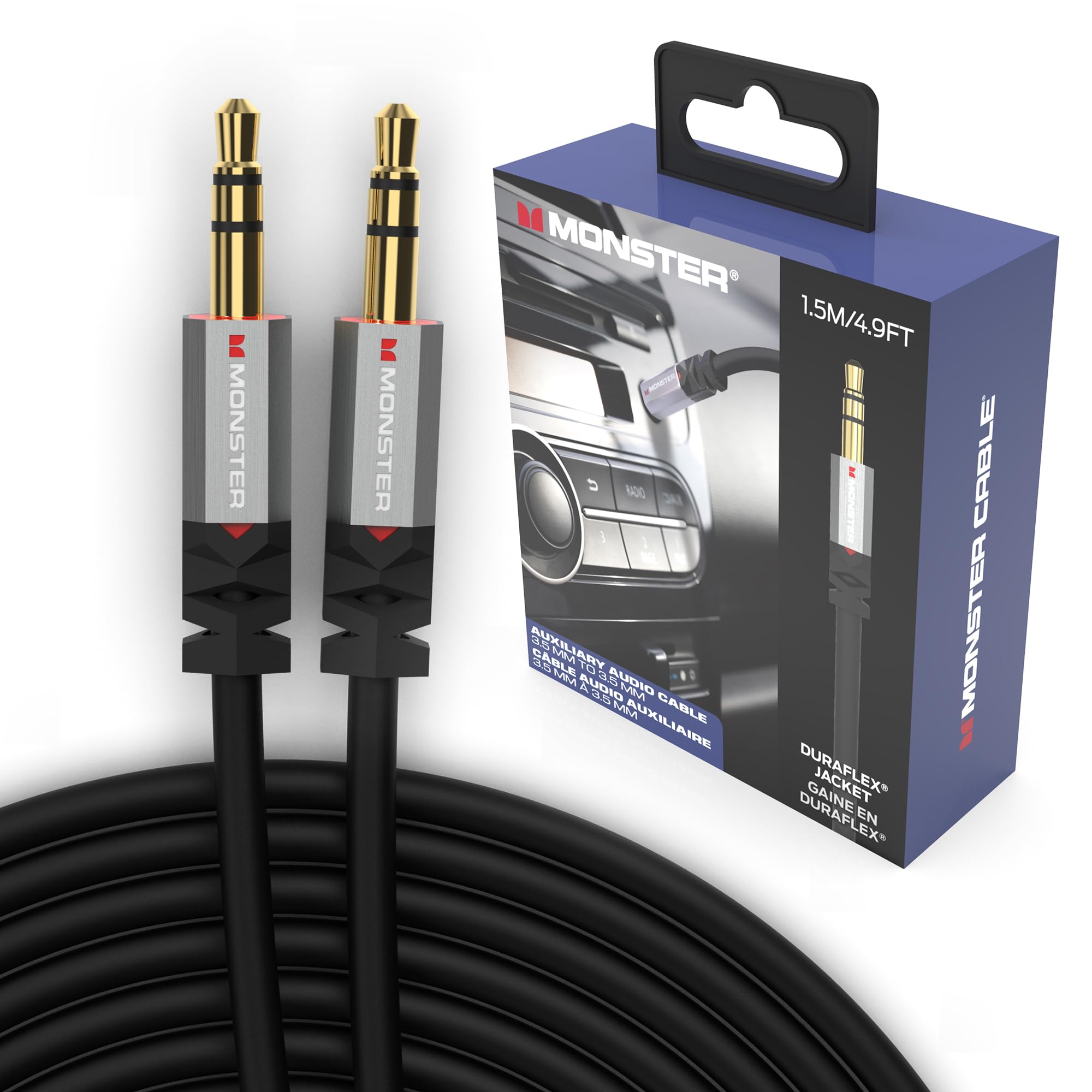 Monster Gen2 Essentials Audio Cable 3.5mm Male to Male Aux Cord for Car, iPhones, Headphones, 4.9FT Duraflex Jacket, Gold-Plated Connectors, Superior