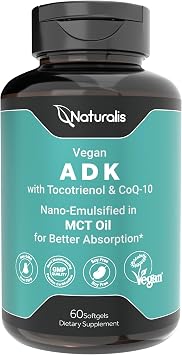 Naturalis Vegan Vitamin ADK with 50mg Tocotrienol and CoQ-10 | Nano-Emulsified in EVOO for Better Absoprtion | Non-GMO, Soy Free and Vegan Society Certified | 60 Veggie Softgels Carrageenan Free