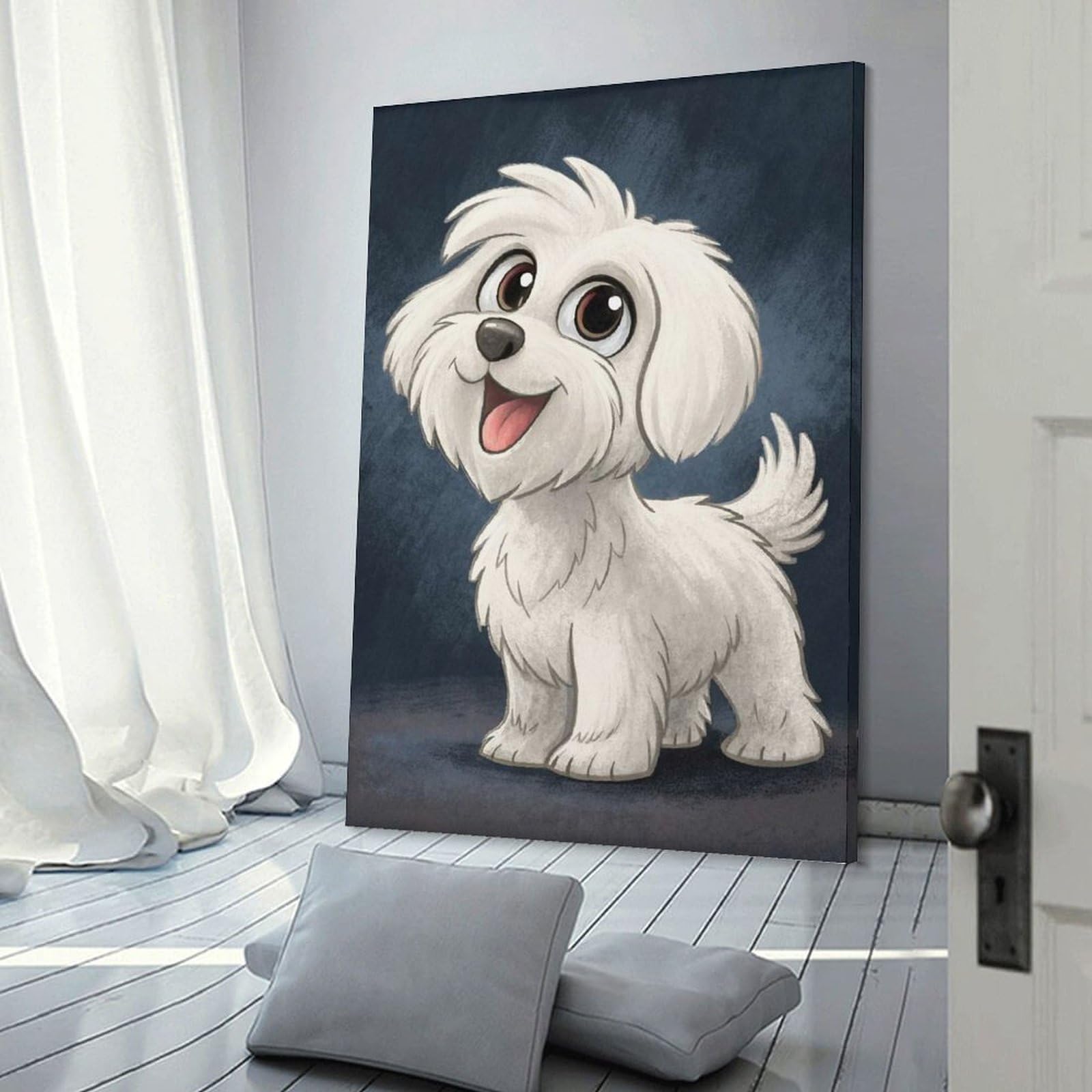 Junmoney Frame-Style-5-1 Cartoon Maltese Dog Illustration Room Decor Wall Art 20X30inch(50X75cm), For Bedroom, Guest Room Or Reading Nook, An Easy Wall Refresh For Bedrooms