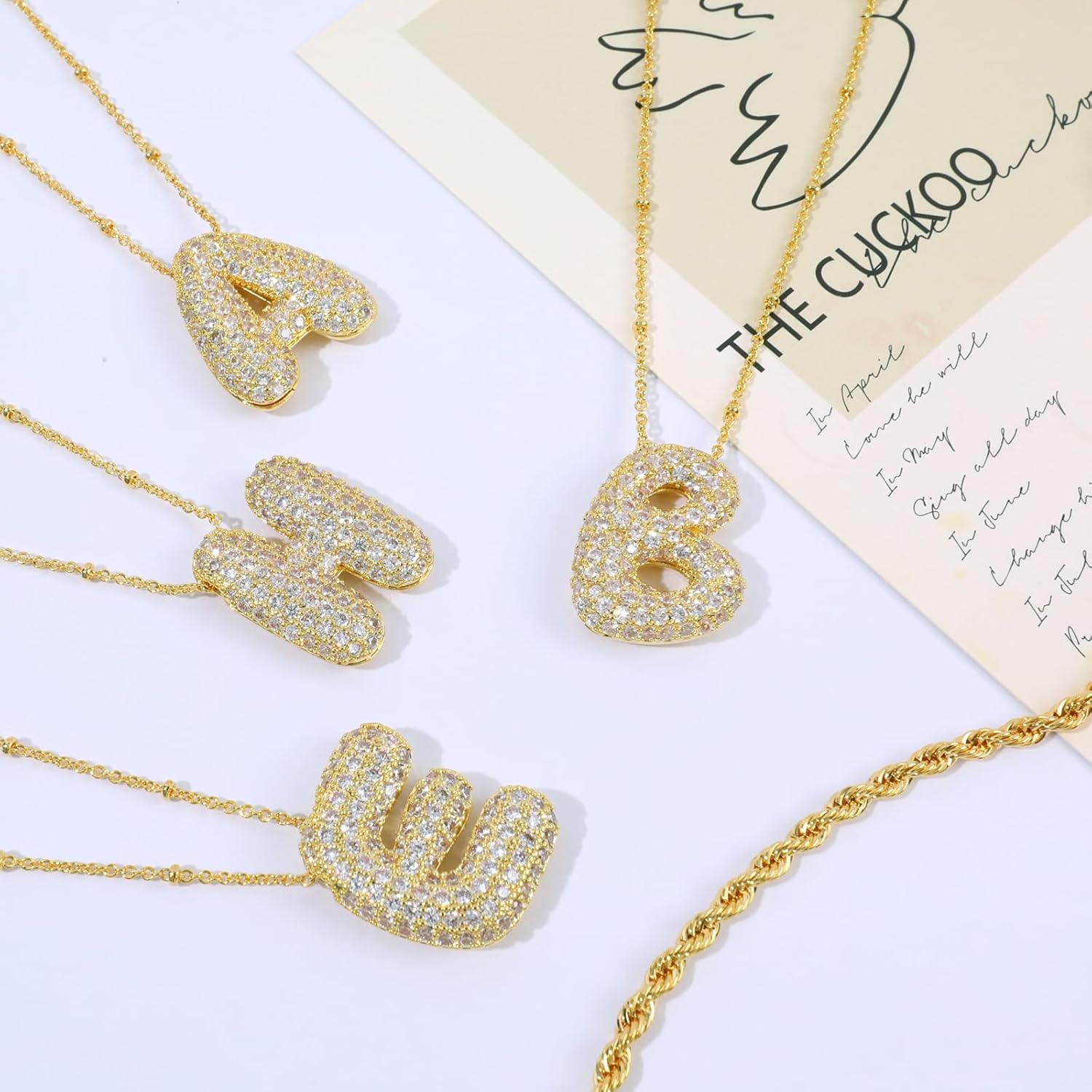 NEKOL A Bubble Letter Necklace for Women, Layering Balloon Initial Letter Zirconia Rhinestone Letter Necklaces Chunky Gold Necklace 2PCS - Image 5