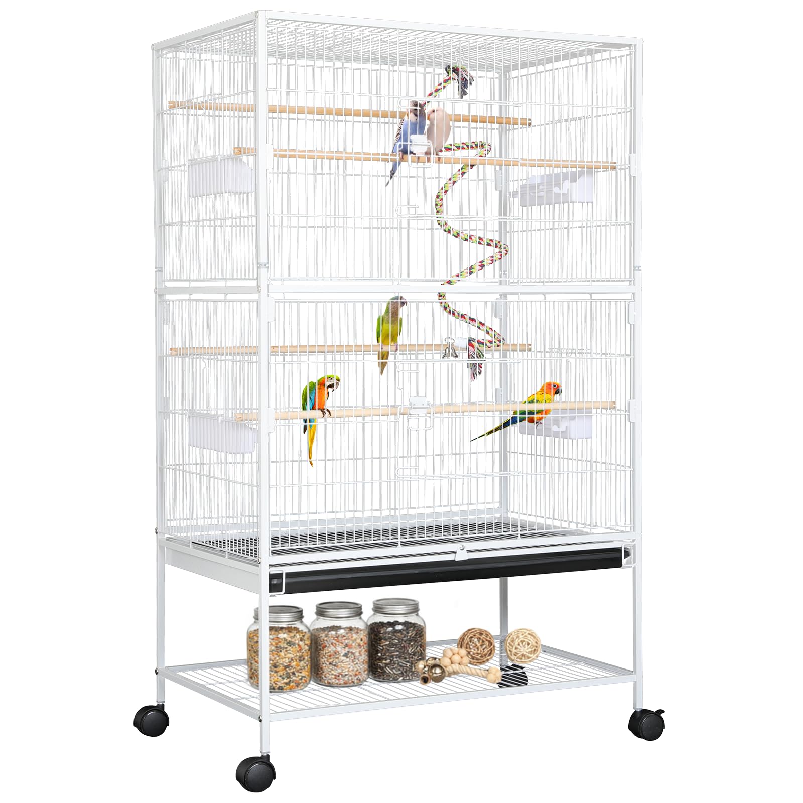 LIFERUN Vogelkäfig groß, Vogelkäfig aus Metall, Vogelbauer mit 4PCS Rollen, Wellensittich käfig mit Futternapf, Käfigspielzeug, Spring-Schaukel für Vogel mit 2 Türen 4 Holzstangen, 132 x 78 x 52 cm