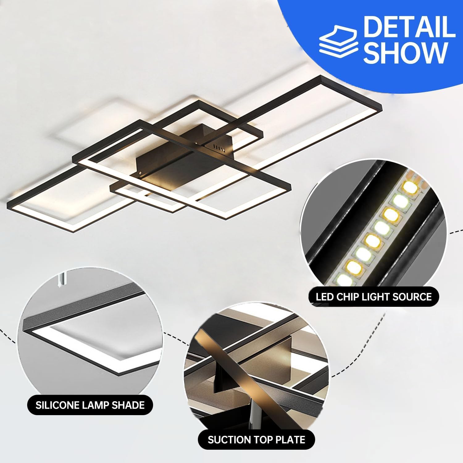 ASJK Lampadario Soggiorno Moderno 60W, Lampadario Soggiorno LED Rettangolare, illuminazione a Soffitto Multifunzionale Geometrica 3000k-6000k con Telecomando. (80 cm, Nero)