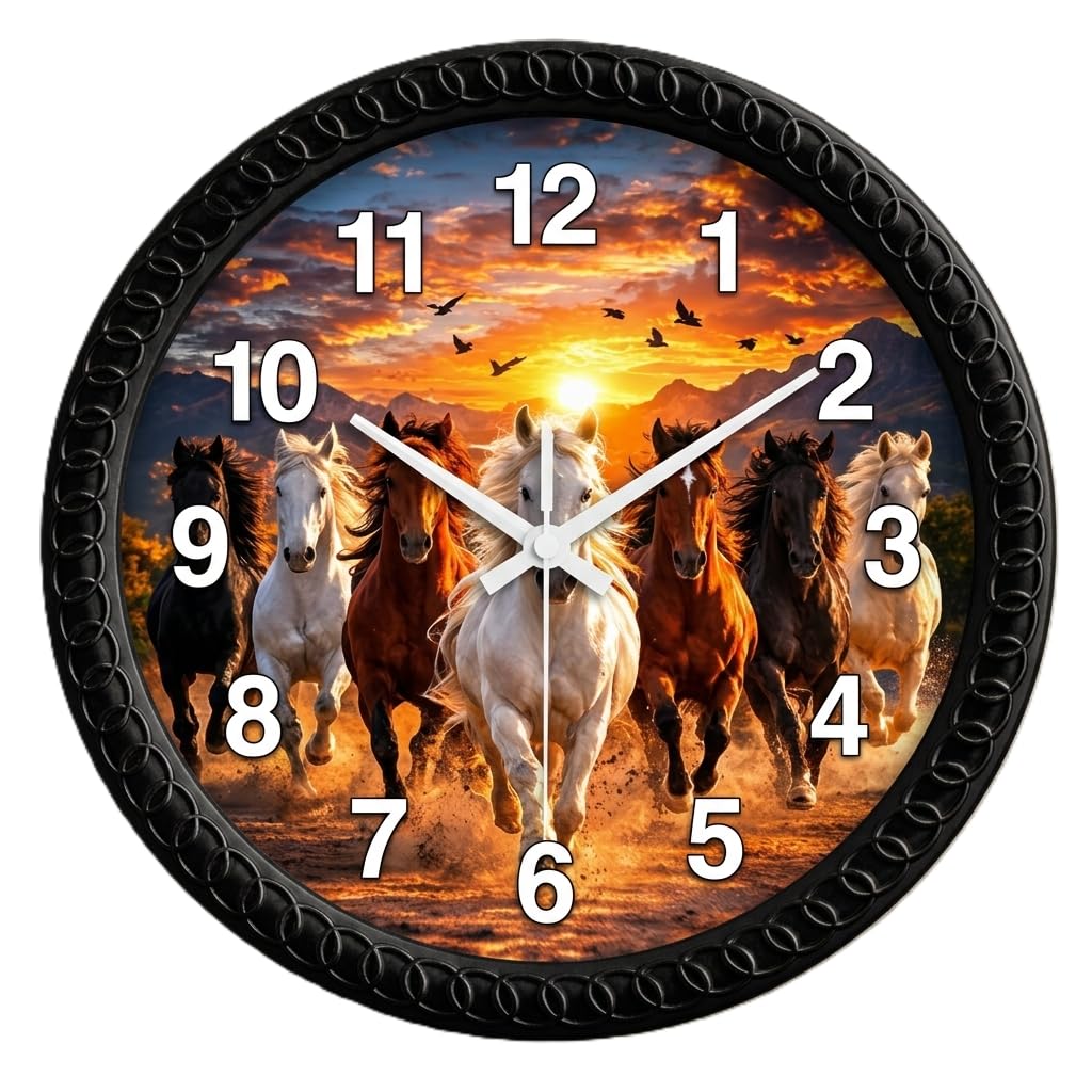 Multicolor Running Horses Wall Clock for Home Decor | Premium Silent Non-Ticking Analog Wall Clock with HD Printed Glass Finish | Decorative Round Wall Clock for Living Room_M7H_19-image-15