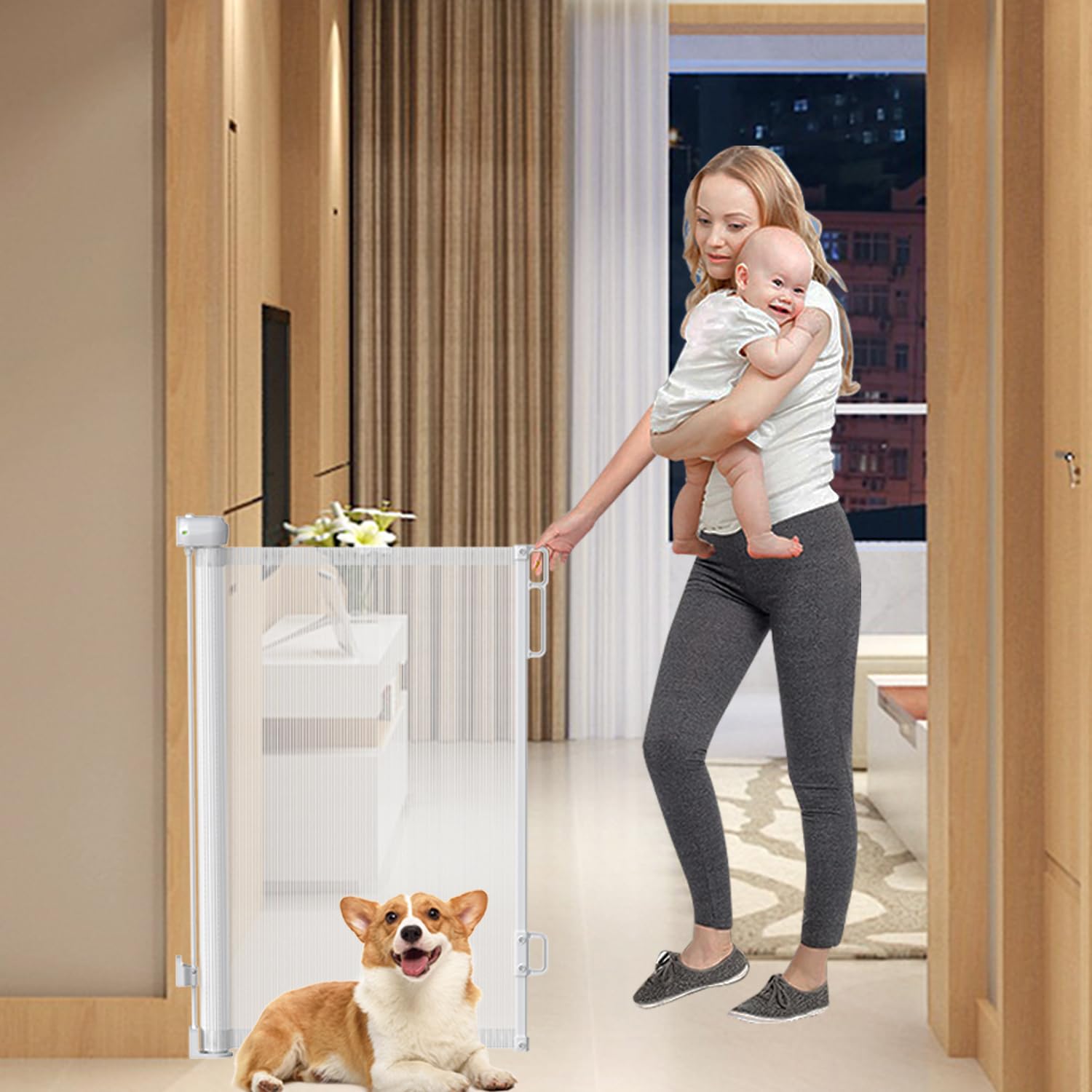 N&V 78 Inch Extra Wide Baby Gate 34" Tall for Large Opening Retractable Mesh Baby Gates Child Safety Indoor/Outdoor for Doorways, Stairs, Hallways,White